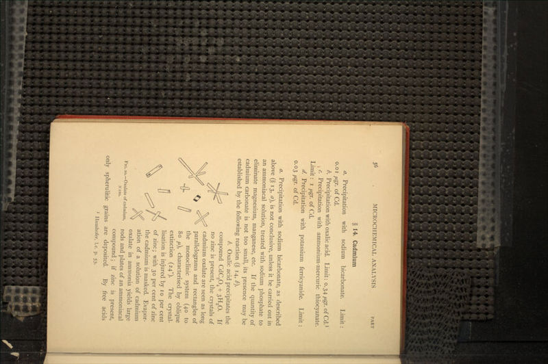 § 14. Cadmium a. Precipitation with sodium bicarbonate. Limit : o.oi fj.gr. of Cd. b. Precipitation with oxalic acid. Limit: 0.34 fj.gr. of Cd.1 , c. Precipitation with ammonium-mercuric thiocyanate. Limit: i fj.gr. of Cd. d. Precipitation with potassium ferricyanide. Limit : 0.03 pgr. of Cd. a. Precipitation with sodium bicarbonate, as described above (§ 13, a), is not conclusive, unless it be carried out in an ammoniacal solution, treated with sodium phosphate to eliminate magnesium, manganese, etc. If the quantity of cadmium carbonate is not too small, its presence may be established by the following reaction (§ 14, b\ b. Oxalic acid precipitates the compound CdC2O4 + 3H2O. If no zinc is present, the crystals of cadmium oxalate are seen as long parallelograms and rectangles of the monoclinic system (40 to 80 p.), characterised by oblique extinction (24°). The crystal- lisation is injured by 10 per cent of zinc; with 30 per cent of zinc the cadmium is masked. Evapor- ation of a solution of cadmium oxalate in ammonia yields large rods and plates of an ammoniacal compound; if zinc is present, only spherulitic grains are deposited. By free acids 1 Haushofer, I.e. p. 53. FIG. 20.—Oxalate of cadmium, XI20.