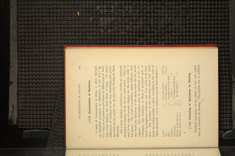 § 112. Examination of Hardness A want of homogeneity in alloys is often betrayed on smoothed specimens by differences of tint (Cu + Ag, Cu + Sn), or on polished specimens by differences of hard- ness (hard bronzes and hard alloys of iron). To detect differences of hardness in this way, smoothing and polish- ing must not be carried too far (see § 89, Testing for Hard Minerals). For a more detailed examination, needles are employed mounted in handles of the size of a lead pencil. They are used in the way of gravers, digging into the metal, under a low power. The result is sometimes widely different from that which the behaviour of the metal under the file would suggest. This discrepancy must be attributed to the cir- cumstance that resistance to filing is governed quite as much by toughness, elasticity, and close grain as by hard- ness. The hardness of the following metals and alloys fitted for testing needles is given according to the scale of Mohs (diamond = i o) in universal use with mineralogists :— Lead= . . . . i Iron (wire tack) =. . 3.8103.9 Tin= . . . . . 1.7 j Sewing needles = . . 5 to 5.5 Zinc— . . . . 2.5 | Annealed up to the third Copper = . . . .3 yellow = . . 4 Gun metal =• . . , 3.3 I Tool steel, annealed up to Bronze, 12 per cent tin = . 3.5 | the first yellow = . 6 Bronze, 18 per cent tin= . 3.7 § 113. Colouring1 of Specimens by Heating- Polished specimens of the alloys of iron and copper may be coloured by heating. The grayish tint of polished