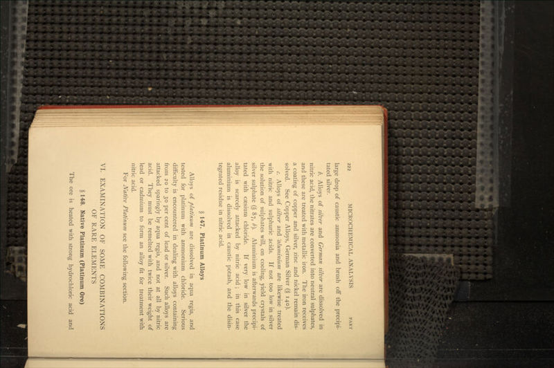 large drop of caustic ammonia and brush off the precipi- tated silver. b. Alloys of silver and German silver are dissolved in nitric acid, the nitrates are converted into neutral sulphates, and these are treated with metallic iron. The iron receives a coating of copper and silver, zinc and nickel remain dis- solved. See Copper Alloys, German Silver (§ 140). c. Alloys of silver and 'aluminium are likewise treated with nitric and sulphuric acids. If not too low in silver the solution of sulphates will, on cooling, yield crystals of silver sulphate (§ 87, b}. Aluminium is afterwards precipi- tated with caesium chloride. If very low in silver the alloy is scarcely attacked by nitric acid; in this case aluminium is dissolved in caustic potash, and -the disin- tegrated residue in nitric acid. § 147. Platinum Alloys Alloys of platinum are dissolved in aqua regia, and tested for platinum with ammonium chloride. Serious difficulty is encountered in dealing with alloys containing from 20 to 30 per cent of lead or silver. Such alloys are attacked sparingly by aqua regia, and not at all by nitric acid. They must be remelted with twice their weight of lead or cadmium to form an alloy fit for treatment with nitric acid. For Native Platinum see the following section. VI. EXAMINATION OF SOME COMBINATIONS OF RARE ELEMENTS § 148. Native Platinum (Platinum Ore) The ore is heated with strong hydrochloric acid and