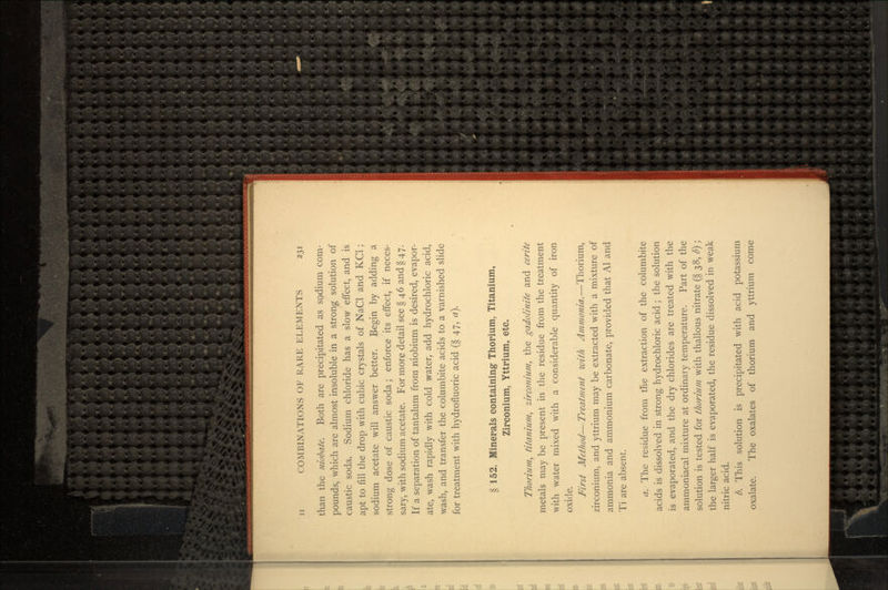 than the niobate. Both are precipitated as sodium com- pounds, which are almost insoluble in a strong solution of caustic soda. Sodium chloride has a slow effect, and is apt to fill the drop with cubic crystals of NaCl and KC1; sodium acetate will answer better. Begin by adding a strong dose of caustic soda; enforce its effect, if neces- sary, with sodium acetate. For more detail see § 46 and § 47. If a separation of tantalum from niobium is desired, evapor- ate, wash rapidly with cold water, add hydrochloric acid, wash, and transfer the columbite acids to a varnished slide for treatment with hydrofluoric acid (§ 47, a}. § 152. Minerals containing Thorium, Titanium, Zirconium, Yttrium, etc. Thorium, titanium, zirconium, the gadolinite and cerite metals may be present in the residue from the treatment with water mixed with a considerable quantity of iron oxide. First Method—Treatment with Ammonia.—Thorium, zirconium, and yttrium may be extracted with a mixture of ammonia and ammonium carbonate, provided that Al and Ti are absent. a. The residue from the extraction of the columbite acids is dissolved in strong hydrochloric acid; the solution is evaporated, and the dry chlorides are treated with the ammoniacal mixture at ordinary temperature. Part of the solution is tested for thorium with thallous nitrate (§ 38, l>); the larger half is evaporated, the residue dissolved in weak nitric acid. b. This solution is precipitated with acid potassium oxalate. The oxalates of thorium and yttrium come