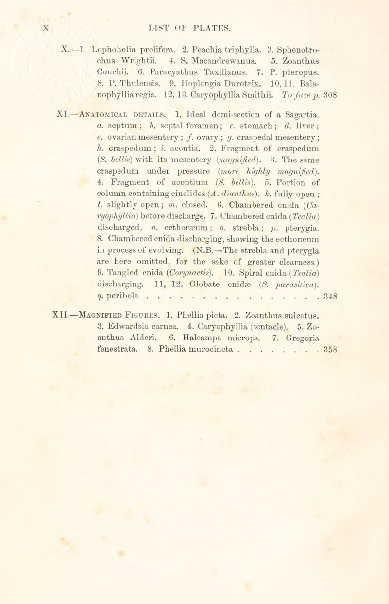 X.—1. Lophohelia prolifera. 2. Peachia triphylla. 3. Sphenotro- chus Wrightii. 4. S. Macandrewanus. 5. Zoanthus Couchii. 6. Paracyathus Taxilianus. 7. P. pteropus. 8. P. Thulensis. 9. Hoplangia Durotrix. 10,11. Bala- nophyllia regia. ] 2, 13. Caryophyllia Smithii. To face. p. 308 XI.—Anatomical details. 1. Ideal derai-section of a Sagartia. a. septum ; b. septal foramen; c. stomach ; d. liver ; e. ovarian mesentery ; /. ovary; g. craspedal mesentery; h. craspedum ; i. acontia. 2. Fragment of craspedum (S. bettis) with its mesentery (magnified). 3. The same craspedum under pressure (more highly magnified). 4. Fragment of acontium (S. bellis). 5. Portion of column containing cinclides (A. dianthus). k: fully open ; /. slightly open; m. closed. 6. Chambered cnida (Ca- ryophyllia) before discharge. 7. Chambered cnida (Tealia) discharged, n. ecthorpeum; o. strebla; p. pterygia, 8. Chambered cnida discharging, showing the ecthoraaum in process of evolving. (X.B.—The strebla and pterygia are here omitted, for the sake of greater clearness.) 9. Tangled cnida (Corynactis). 10. Spiral cnida (Tealia) discharging. 11, 12. Globate cnidre (S. parasitica). q. peribola 348 XII.—Magnified Figures. 1. Phellia picfca. 2. Zoanthus sulcatus. 3. Edwardsia carnea. 4. Caryophyllia (tentacle). 5. Zo- anthus Alderi. 6. Halcampa microps. 7. Gregoria fenestrata. 8. Phellia murocincta 358