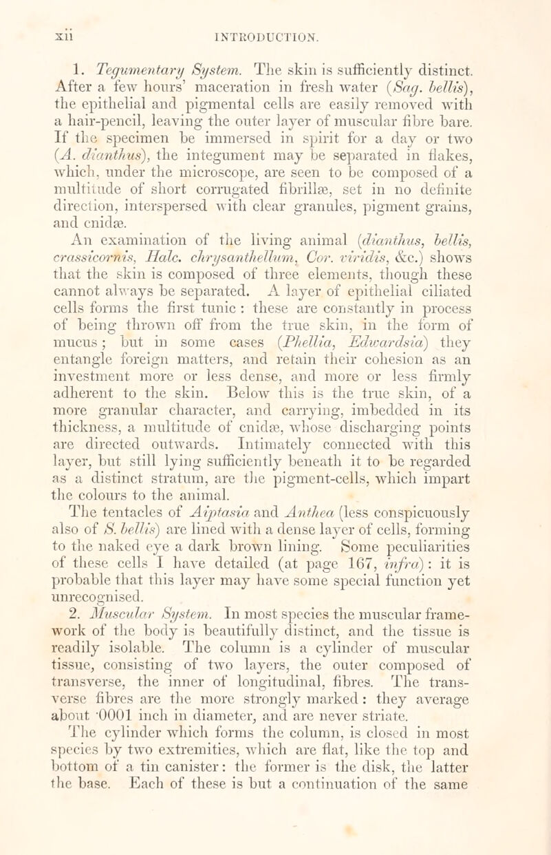 1. Tegumental'y System. The skin is sufficiently distinct. After a few hours' maceration in fresh water {Sag. bellis), the epithelial and pigmental cells are easily removed with a hair-pencil, leaving the outer layer of muscular fibre hare. If the specimen be immersed in spirit for a day or two (A. dianthus), the integument may be separated in flakes, which, under the microscope, are seen to be composed of a multitude of short corrugated fibrillar set in no definite direction, interspersed with clear granules, pigment grains, and cnidae. An examination of the living animal (dianthus, bellis, crassicornis, Hale. chrysantJiellum, Cor. viridis, &c.) shows that the skin is composed of three elements, though these cannot always be separated. A layer of epithelial ciliated cells forms the first tunic : these are constantly in process of being thrown off from the true skin, in the form of mucus; but in some cases (Phellia, Edwardsia) they entangle foreign matters, and retain their cohesion as an investment more or less dense, and more or less firmly adherent to the skin. Below this is the true skin, of a more granular character, and carrying, imbedded in its thickness, a multitude of cnidse, whose discharging points are directed outwards. Intimately connected with this layer, but still lying sufficiently beneath it to be regarded as a distinct stratum, are the pigment-cells, which impart the colours to the animal. The tentacles of Aiptasia and Anihea (less conspicuously also of S. bellis) are lined with a dense layer of cells, forming to the naked eye a dark brown lining. Some peculiarities of these cells I have detailed (at page 167, infra) : it is probable that this layer may have some special function yet unrecognised. 2. Muscular System. In most species the muscular frame- work of the body is beautifully distinct, and the tissue is readily isolable. The column is a cylinder of muscular tissue, consisting of two layers, the outer composed of transverse, the inner of longitudinal, fibres. The trans- verse fibres are the more strongly marked: they average about 0001 inch in diameter, and are never striate. The cylinder which forms the column, is closed in most species by two extremities, which are flat, like the top and bottom of a tin canister: the former is the disk, the latter the base. Each of these is but a continuation of the same