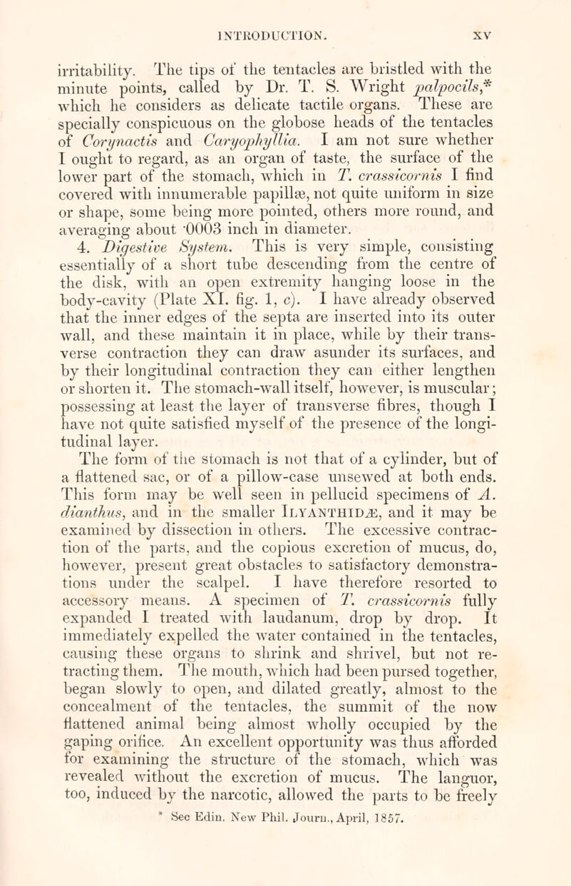 irritability. The tips of the tentaeles are bristled with the minute points, called by Dr. T. S. Wright palpocifa,* which he considers as delicate tactile organs. These are specially conspicuous on the globose heads of the tentacles of Corynactis and CaryophyUia, I am not sure whether I ought to regard, as an organ of taste, the surface of the lower part of the stomach, which in T. crassicomis I find covered with innumerable papilla?, not quite uniform in size or shape, some being more pointed, others more round, and averaging about '0003 inch in diameter. 4. Digestive System. This is very simple, consisting essentially of a short tube descending from the centre of the disk, with an open extremity hanging loose in the body-cavity (Plate XL fig. 1, c). I have already observed that the inner edges of the septa are inserted into its outer wall, and these maintain it in place, while by their trans- verse contraction they can draw asunder its surfaces, and by their longitudinal contraction they can either lengthen or shorten it. The stomach-wall itself, however, is muscular; possessing at least the layer of transverse fibres, though I have not quite satisfied myself of the presence of the longi- tudinal layer. The form of the stomach is not that of a cylinder, but of a flattened sac, or of a pillow-case unsewed at both ends. This form may be well seen in pellucid specimens of A. diantJius, and in the smaller iLYANTHiDiE, and it may be examined by dissection in others. The excessive contrac- tion of the parts, and the copious excretion of mucus, do, however, present great obstacles to satisfactory demonstra- tions under the scalpel. I have therefore resorted to accessory means. A specimen of T. crassicomis fully expanded I treated with laudanum, drop by drop. It immediately expelled the water contained in the tentacles, causing these organs to shrink and shrivel, but not re- tracting them. The mouth, which had been pursed together, began slowly to open, and dilated greatly, almost to the concealment of the tentacles, the summit of the now flattened animal being almost wholly occupied by the gaping orifice. An excellent opportunity was thus afforded for examining the structure of the stomach, which was revealed without the excretion of mucus. The languor, too, induced by the narcotic, allowed the parts to be freely * Sec Ediu. New Phil. Jouru., April, 1857.