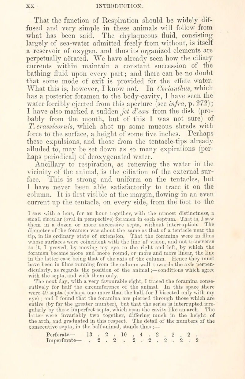 That the function of Respiration should be widely dif- fused and very simple in these animals will follow from what has been said. The chylaqueous fluid, consisting largely of sea-water admitted freely from without, is itself a reservoir of oxygen, and thus its organized elements arc perpetually aerated. We have already seen how the ciliary currents within maintain a constant succession of the bathing fluid upon every part; and there can be no doubt that some mode of exit is provided for the effete water. What this is, however, I know not. In Cerianthus, which has a posterior foramen to the body-cavity, I have seen the water forcibly ejected from this aperture (see infra, p. 272); I have also marked a sudden jet cVe.au from the disk (pro- bably from the mouth, but of this I was not sure) of T. crassicornis, which shot up some mucous shreds with force to the surface, a height of some five inches. Perhaps these expulsions, and those from the tentacle-tips already alluded to, may be set clown as so many expirations (per- haps periodical) of deoxygenated water. Ancillary to respiration, as renewing the water in the vicinity of the animal, is the ciliation of the external sur- face. This is strong and uniform on the tentacles, but T have never been able satisfactorily to trace it on the column. It is first visible at the margin, flowing in an even ■current up the tentacle, on every side, from the foot to the I saw with a lens, for an hour together, with the utmost distinctness, a small circular (oval in perspective) foramen in each septum. That is, I saw them in a dozen or more successive septa, without interruption. The diameter of the foramen was about the same as that of a tentacle near the tip, in its ordinary state of extension. That the foramina were iu films whose surfaces were coincident with the line of vision, and not transverse to it, I proved, by moving my eye to the right and left, by which the foramen became more and more round, or more and more linear, the line in the latter case being that of the axis of the column. Hence they must have been in films running from the column-wall towards the axis perpen- dicularly, as regards the position of the animal;—conditions which agree with the septa, and with them only. The next day, with a very favourable sight, I traced the foramina conse- cutively for half the circumference of the animal. Iu this space there were 49 septa (perhaps one more than the half, for I bisected only with my eye) ; and I found that the foramina are pierced through those which are entire (by far the greater number), but that the series is interrupted irre- gularly by those imperfect septa, which span the cavity like an arch. The latter were invariably two together, differing much in the height of the arch, and graduated in this respect. The detail of the numbers of the consecutive septa, in the half-animal, stands thus ;— Perforate— 13 . 2 . 10 . 4 . 2 . 2 . 2 . Imperforate— . 2.2 . 2.2.2.2.2