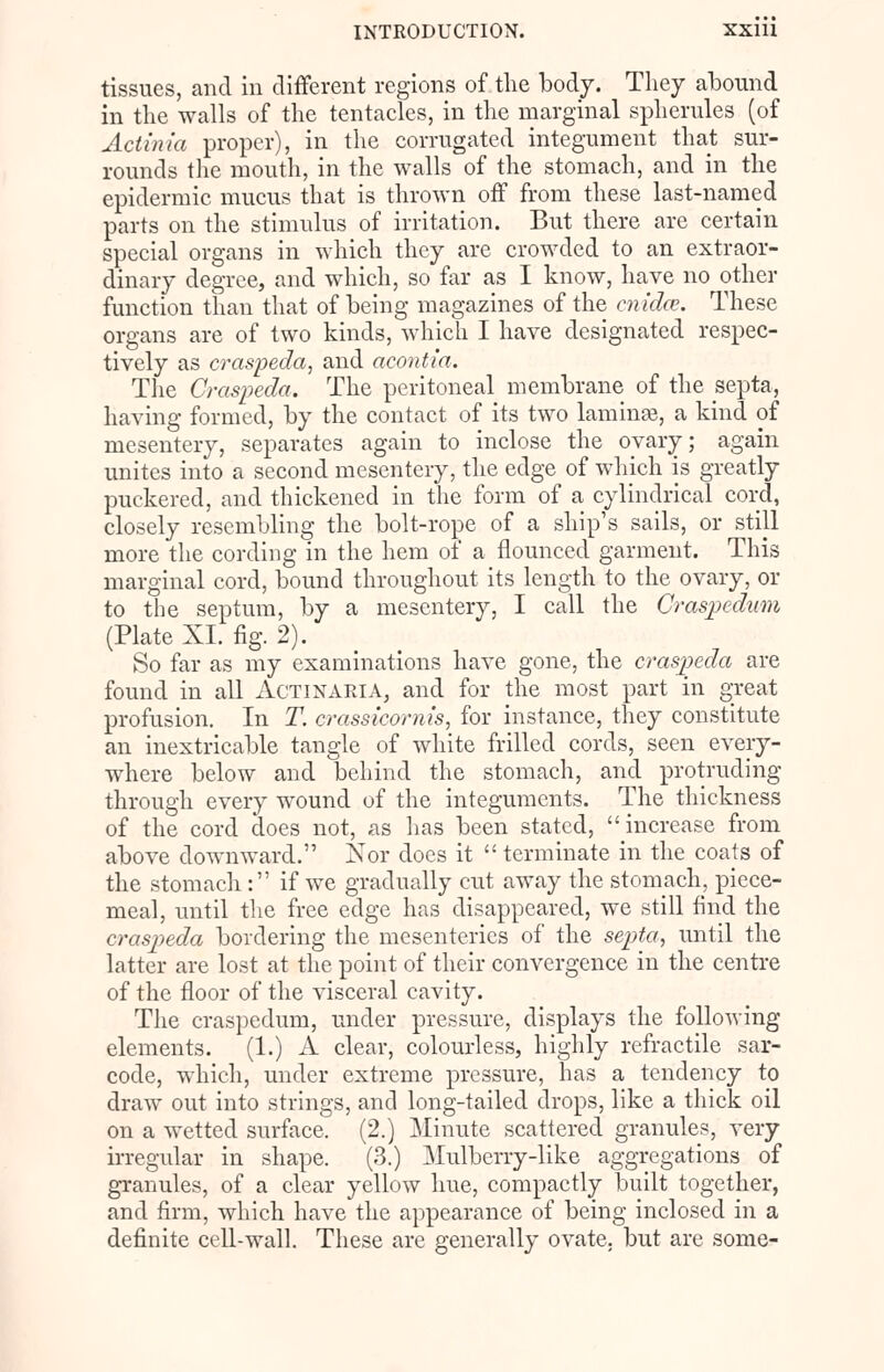tissues, and in different regions of the body. They abound in the walls of the tentacles, in the marginal spherules (of Actinia proper), in the corrugated integument that sur- rounds the mouth, in the walls of the stomach, and in the epidermic mucus that is thrown off from these last-named parts on the stimulus of irritation. But there are certain special organs in which they are crowded to an extraor- dinary degree, and which, so far as I know, have no other function than that of being magazines of the cnidce. These organs are of two kinds, which I have designated respec- tively as craspeda, and acontia. The Craspeda. The peritoneal membrane of the septa, having formed, by the contact of its two laminae, a kind of mesentery, separates again to inclose the ovary; again unites into a second mesentery, the edge of which is greatly puckered, and thickened in the form of a cylindrical cord, closely resembling the bolt-rope of a ship's sails, or still more the cording in the hem of a flounced garment. This marginal cord, bound throughout its length to the ovary, or to the septum, by a mesentery, I call the Craspcdiim (Plate XI. fig. 2). So far as my examinations have gone, the craspeda are found in all Actinaria, and for the most part in great profusion. In T. crassicornis, for instance, they constitute an inextricable tangle of white frilled cords, seen every- where below and behind the stomach, and protruding through every wound of the integuments. The thickness of the cord does not, as lias been stated, increase from above downward. Kor does it  terminate in the coats of the stomach : if we gradually cut away the stomach, piece- meal, until the free edge has disappeared, we still find the craspeda bordering the mesenteries of the septa, until the latter are lost at the point of their convergence in the centre of the floor of the visceral cavity. The craspedum, under pressure, displays the following elements. (1.) A clear, colourless, highly refractile sar- code, which, under extreme pressure, has a tendency to draw out into strings, and long-tailed drops, like a thick oil on a wetted surface. (2.) Minute scattered granules, very irregular in shape. (3.) Mulberry-like aggregations of granules, of a clear yellow hue, compactly built together, and firm, which have the appearance of being inclosed in a definite cell-wall. These are generally ovate, but are some-
