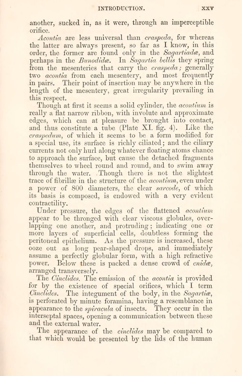 another, sucked in, as it were, through an imperceptible orifice. Acontia are less universal than craspeda, for whereas the latter are always present, so far as I know, in this order, the former are found only in the Sagartiadce, and perhaps in the Bunodidce. In Sagartia bell is they spring from the mesenteries that carry the craspeda; generally two acontia from each mesentery, and most frequently in pairs. Their point of insertion may be anywhere in the length of the mesentery, great irregularity prevailing in this respect. Though at first it seems a solid cylinder, the acontium is really a flat narrow ribbon, with involute and approximate edges, which can at pleasure be brought into contact, and thus constitute a tube (Plate XI. fig. 4). Like the craspedum, of which it seems to be a form modified for a special use, its surface is richly ciliated; and the ciliary currents not only hurl along whatever floating atoms chance to approach the surface, but cause the detached fragments themselves to wheel round and round, and to swim away through the water. .Though there is not the slightest trace of fibrillar in the structure of the acontium, even under a power of 800 diameters, the clear sarcode, of which its basis is composed, is endowed with a very evident contractility. Under pressure, the edges of the flattened acontium appear to be thronged with clear viscous globules, over- lapping one another, and protruding; indicating one or more layers of superficial cells, doubtless forming the peritoneal epithelium. As the pressure is increased, these ooze out as long pear-shaped drops, and immediately assume a perfectly globular form, with a high refractive power. Below these is packed a dense crowd of cnidee, arranged transversely. The Cinclides. The emission of the acontia is provided for by the existence of special orifices, which I term Cinclides. The integument of the body, in the Sagartia, is perforated by minute foramina, having a resemblance in appearance to the spiracula of insects. They occur in the interseptal spaces, opening a communication between these and the external water. The appearance of the cinclides may be compared to that which would be presented by the lids of the human