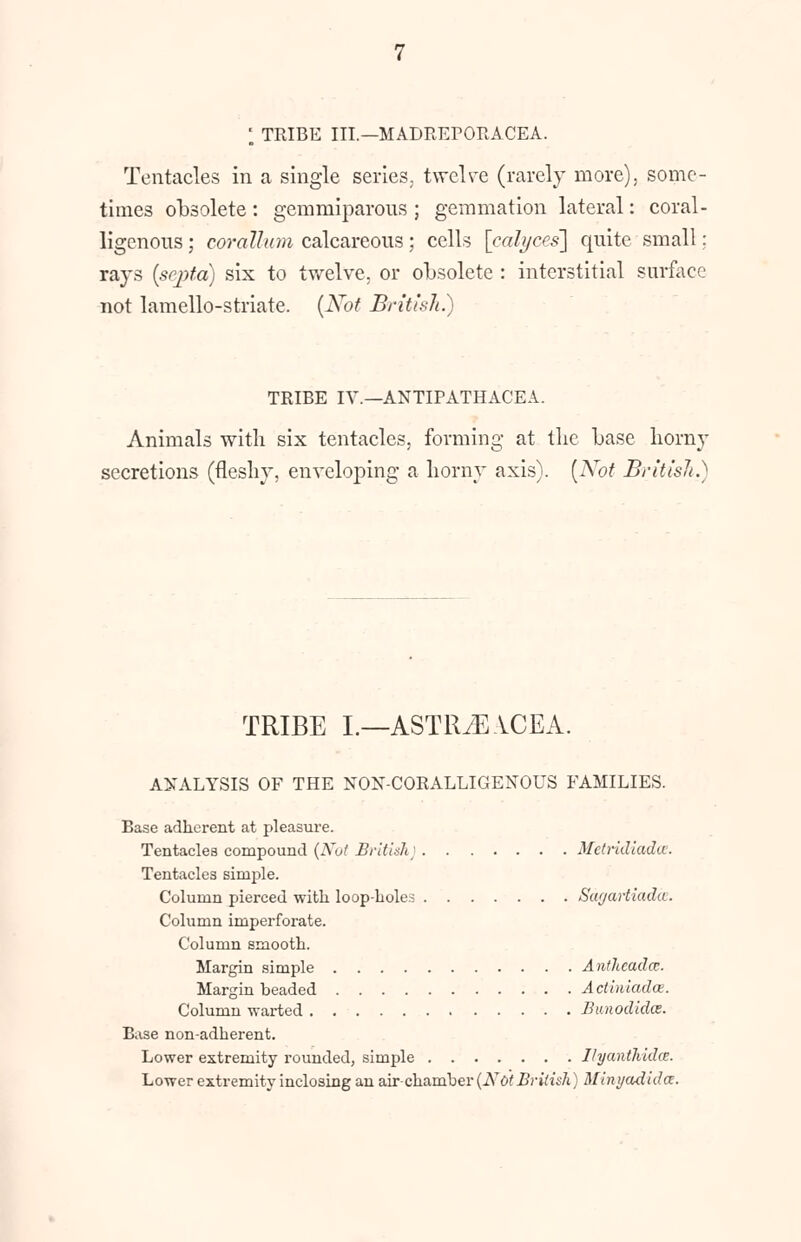 1 TRIBE III.—MADREPORACEA. Tentacles in a single series, twelve (rarely more), some- times obsolete : gemmiparous ; gemmation lateral: coral - ligenous ; coraUum calcareous ; cells {calyces] quite small; rays {septa) six to twelve, or obsolete : interstitial surface not lamello-striate. (Not British.) TRIBE IV.—ANTIPATHACEA. Animals with six tentacles, forming at the base horny secretions (fleshy, enveloping a horny axis). (Not British.) TRIBE L—ASTR^E \CEA. ANALYSIS OF THE NON-CORALLIGENOUS FAMILIES. Base adherent at pleasure. Tentacles compound (Nut British} Metridiadce. Tentacles simple. Column pierced with loop-boles Sagartiada. Column imperforate. Column smooth. Margin simple Antheadce. Margin beaded Actiniadce. Column warted Bunodidce. Base non-adberent. Lower extremity rounded, simple Ilyanthida. Lower extremity inclosing an air-chamber (Not British) Minyadida.