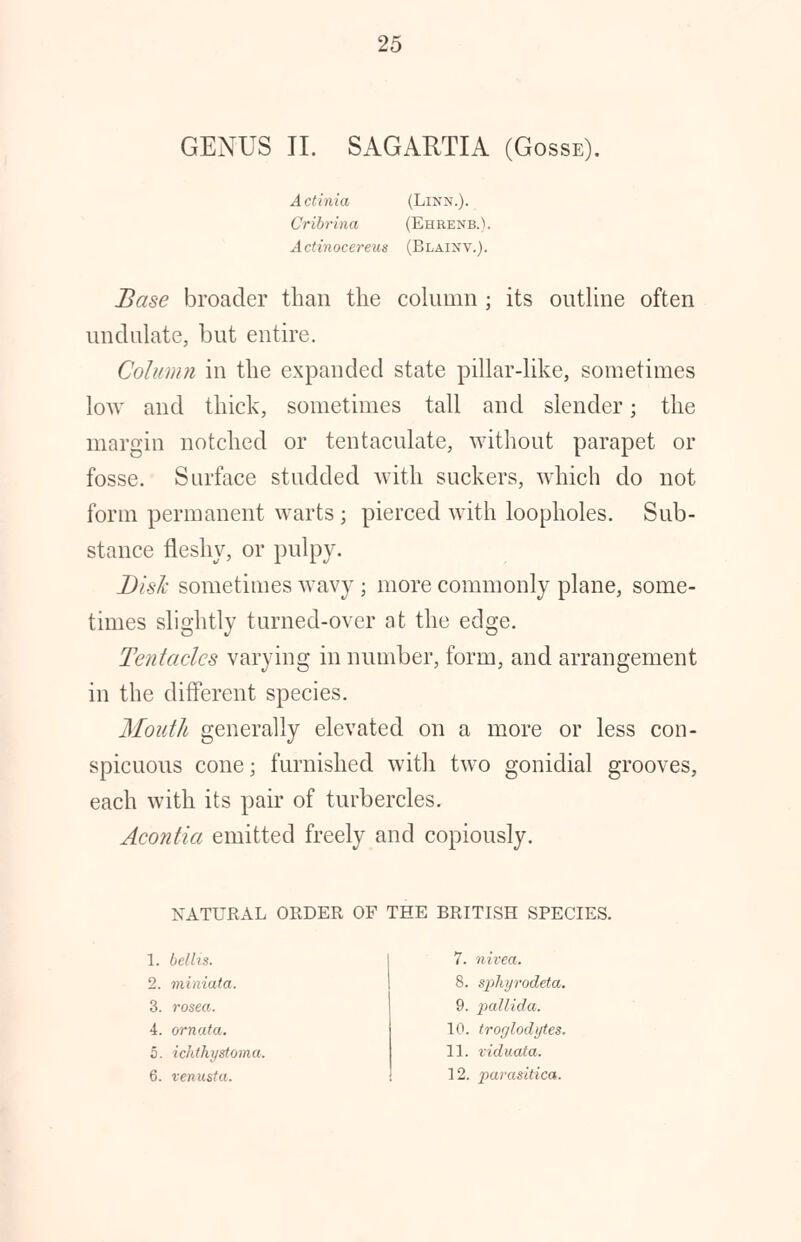 GENUS II. SAGARTIA (Gosse). Actinia (Linn.). Cribrina (Ehrenb.\ Actinocereus (Blainv.). Base broader than the column ; its outline often undulate, but entire. Column in the expanded state pillar-like, sometimes low and thick, sometimes tall and slender; the margin notched or tentaculate, without parapet or fosse. Surface studded with suckers, which do not form permanent warts ; pierced with loopholes. Sub- stance fleshy, or pulpy. Disk sometimes wavy; more commonly plane, some- times slightly turned-over at the edge. Tentacles varying in number, form, and arrangement in the different species. Mouth generally elevated on a more or less con- spicuous cone; furnished with two gonidial grooves, each with its pair of turbercles. Acontia emitted freely and copiously. NATURAL ORDER OF THE BRITISH SPECIES. 1. bellis. 2. miniata. 3. rosea. 4. ornata. 5. ichthystoma. 6. venusta. 7. nivea. 8. sphyvodeta. 9. pallida. 10. troglodytes. 11. viduata. 12. parasitica.