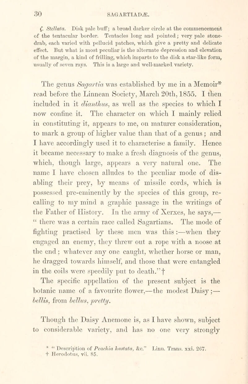 (. SteUata. Disk pale buff; a broad darker circle at the commencement of the tentacular border. Tentacles long and pointed; very pale stone- drab, each varied with pellucid patches, which give a pretty and delicate effect. But what is most peculiar is the alternate depression and elevation of the margin, a kind of frilling, which imparts to the disk a star-like form, usually of seven rays. This is a large and well-marked variety. The genus Sagartia was established by me in a Memoir* read before the Linnean Society, March 20th, 1855. I then included in it dianihus, as well as the species to which I now confine it. The character on which I mainly relied in constituting it, appears to me, on maturer consideration, to mark a group of higher value than that of a genus ; and I have accordingly used it to characterise a family. Hence it became necessary to make a fresh diagnosis of the genus, which, though large, appears a very natural one. The name I have chosen alludes to the peculiar mode of dis- abling their prey, by means of missile cords, which is possessed pre-eminently by the species of this group, re- calling to my mind a graphic passage in the writings of the Father of History. In the army of Xerxes, he says,—  there was a certain race called Sagartians. The mode of fighting practised by these men was this :—when they engaged an enemy, they threw out a rope with a noose at the end; whatever any one caught, whether horse or man, he dragged towards himself, and those that were entangled in the coils were speedily put to death. f The specific appellation of the present subject is the botanic name of a favourite flower,—the modest Daisy;— bellis, from hellus, pretty. Though the Daisy Anemone is, as I have shown, subject to considerable variety, and has no one very strongly *  Description of Peachia hastata, &c. Linn. Trans, xxi. 267. t Herodotus, vii. 85.