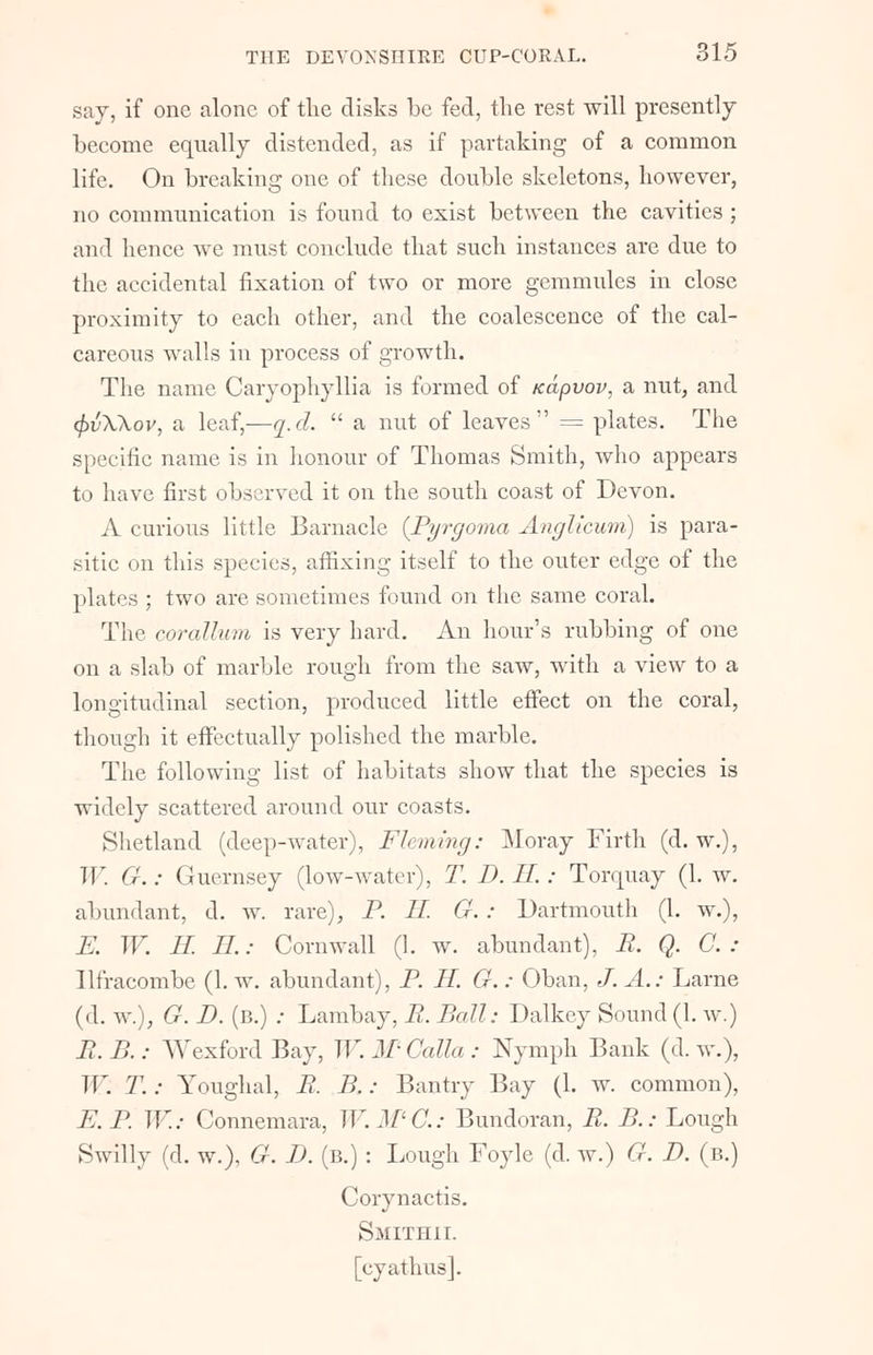 say, if one alone of the disks be fed, the rest will presently- become equally distended, as if partaking of a common life. On breaking one of these double skeletons, however, no communication is found to exist between the cavities ; and hence we must conclude that such instances are due to the accidental fixation of two or more gemmules in close proximity to each other, and the coalescence of the cal- careous walls in process of growth. The name Caryophyllia is formed of icapvov, a nut, and <f>vXkov, a leaf,—q.d.  a nut of leaves = plates. The specific name is in honour of Thomas Smith, who appears to have first observed it on the south coast of Devon. A curious little Barnacle (Pyrgoma Anglicum) is para- sitic on this species, affixing itself to the outer edge of the plates ; two are sometimes found on the same coral. The corallum is very hard. An hour's rubbing of one on a slab of marble rough from the saw, with a view to a longitudinal section, produced little effect on the coral, though it effectually polished the marble. The following list of habitats show that the species is widely scattered around our coasts. Shetland (deep-water), Fleming: Moray Firth (d. w.), W. G.: Guernsey (low-water), T. D. II.: Torquay (1. w. abundant, d. w. rare), P. II. G. : Dartmouth (1. w.), E. W. H. E.: Cornwall (1. w. abundant), B. Q. C. : llfracombe (1. w. abundant), P. E. G.: Oban, J. A.: Larne (d. w.), G. D. (b.) ; Lambay, R. Ball: Dalkey Sound (1. w.) R. B.: Wexford Bay, IV. M Galla : Nymph Bank (d. w.), W: T.: Youghal, R. B.: Bantry Bay (1. w. common), E.P. W.: Connemara, W.MC: Bundoran, R. B.: Lough Swilly (d. w.), G. D. (b.) : Lough Foyle (d. w.) G. D. (b.) Corynactis. Smithii. [cyathus].
