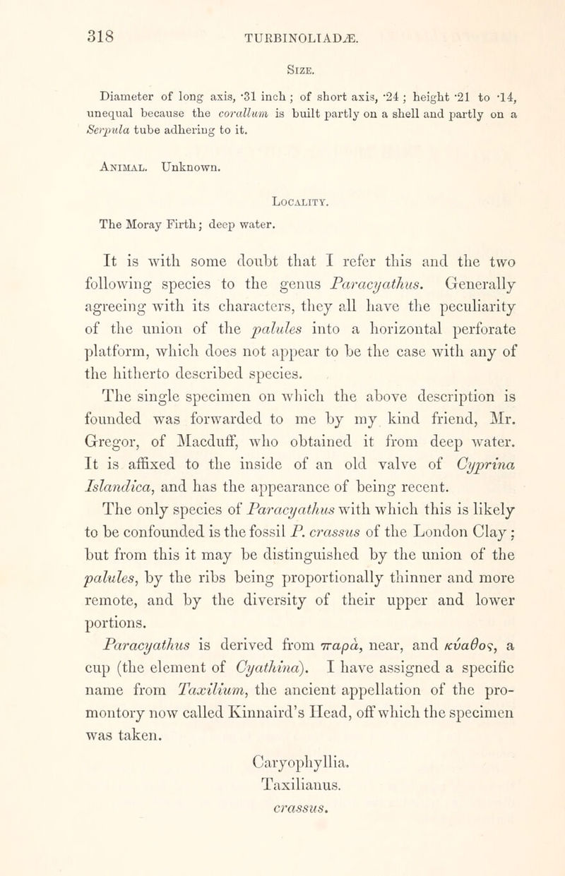 Size. Diameter of long axis, 31 inch; of short axis, -24 ; height -21 to '14, unequal because the corallum is built partly on a shell and partly on a Seiyyula tube adhering to it. Animal. Unknown. Locality. The Moray Firth; deep water. It is with some doubt that I refer this and the two following species to the genus Paracyathus. Generally agreeing with its characters, they all have the peculiarity of the union of the palules into a horizontal perforate platform, which does not appear to be the case with any of the hitherto described species. The single specimen on which the above description is founded was forwarded to me by my kind friend, Mr. Gregor, of Macduff, who obtained it from deep water. It is affixed to the inside of an old valve of Cyprina Islandica, and has the appearance of being recent. The only species of Paracyathus with which this is likely to be confounded is the fossil P. crassus of the London Clay : but from this it may be distinguished by the union of the palules, by the ribs being proportionally thinner and more remote, and by the diversity of their upper and lower portions. Paracyathus is derived from irapa, near, and icvaOos, a cup (the element of Cyathina). I have assigned a specific name from Taxilium, the ancient appellation of the pro- montory now called Kinnaird's Head, off which the specimen was taken. Caryophyllia. Taxilianus. crassus.