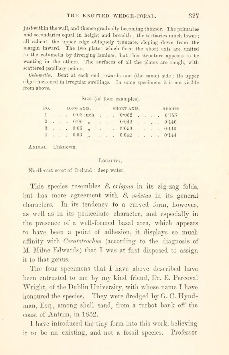 just within the wall, and thence gradually becoming thinner. The primaries and secondaries equal in height and breadth ; the tertiaries much lower ; all salient, the upper edge obliquely truncate, sloping down from the margin inward. The two plates which form the short axis are united to the columella by diverging lamina); but this structure appears to be wanting in the others. The surfaces of all the plates are rough, with scattered papillary points. Columella. Bent at each end towards one (the same) side ; it3 upper edge thickened in irregular swellings. In some specimens it is not visible from above. Size (of four examples). NO. LONG AXIS. SHORT AXIS. HEIGHT. 1 . . . 0-08 inch . . . 0-062 . . . . 0-155 2 . . o-oc „ . . 0-042 . . . . 0-140 3 . . . 0-06 „ . . 0-050 . . . . 0-110 4 . . . 0-06 „ . . . 0.042 . . . . 0-144 Animal. Unknown. Locality. North-east coast of Ireland : deep water. This species resembles 8. crispus in its zig-zag folds, but has more agreement with 8. mi'xtus in its general characters. In its tendency to a curved form, however, as well as in its pedicellate character, and especially in the presence of a well-formed basal area, which appears to have been a point of adhesion, it displays so much affinity with Ceratotrochus (according to the diagnosis of M. Milne Edwards) that I was at first disposed to assign it to that genus. The four specimens that I have above described have been entrusted to me by my kind friend, Dr. E. Perceval Wright, of the Dublin University, with whose name I have honoured the species. They wTere dredged by G. C. Hynd- man, Esq., among shell sand, from a turbot bank off the coast of Antrim, in 1852. I have introduced the tiny form into this work, believing it to be an existing, and not a fossil species. Professor