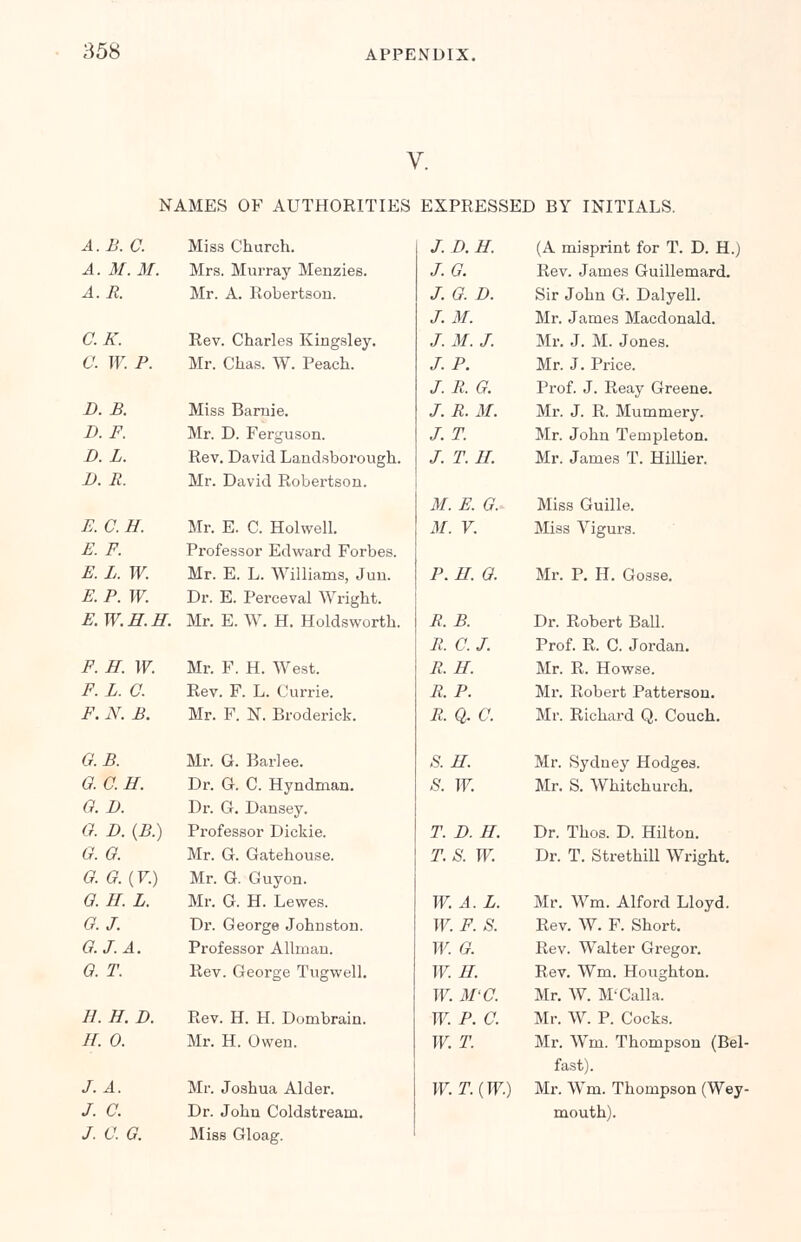 NAMES OF AUTHORITIES EXPRESSED BY INITIALS. a.b. a Miss Church. /. D. H. (A misprint for T. D. H.) A. M. 31. Mrs. Murray Menzies. J.G. Rev. James Guillemard. A.R. Mr. A. Robertson. J. G. D. Sir John G. Dalyell. J. M. Mr. James Macdonald. O.K. Rev. Charles Kingsley. J. M. J. Mr. J. M. Jones. C. W. P. Mr. Chas. W. Peach. J. P. Mr. J. Price. J. R. G. Prof. J. Reay Greene. D. B. Miss Barnie. J. R. M. Mr. J. R. Mummery. D.F. Mr. D. Ferguson. J.T. Mr. John Teiupleton. D. L. Rev. David Landsborough. J. T. II. Mr. James T. Hillier. I). R. Mr. David Robertson. M. E. G. Miss Guille. E. C. H. Mr. E. C. Holwell. 31. V. Miss Vigurs. E. F. Professor Edward Forbes. E. L. W. Mr. E. L. Williams, Jun. P. II. G. Mr. P. H. Gosse. E. P. W. Dr. E. Perceval Wright. E.W.H.H. Mr. E. W. H. Holdsworth. R.B. Dr. Robert Ball. R. 0. J. Prof. R. C. Jordan. F. H. W. Mr. F. H. West. R.H. Mr. R. Howse. F. L. a Rev. F. L. Currie. R.P. Mr. Robert Patterson. F. N. B. Mr. F. N. Broderick. R. Q, C. Mr. Richard Q. Couch. G.B. Mr. G. Barlee. S.H. Mr. Sydney Hodges. o. a h. Dr. G. C. Hyndman. s. w. Mr. S. Whitchurch. O. I). Dr. G. Dansey. G. D. (B.) Professor Dickie. T. D. H. Dr. Thos. D. Hilton. 6. G. Mr. G. Gatehouse. T.S. W. Dr. T. Strethill Wright. G. G. (V.) Mr. G. Guyon. G. H. L. Mr. G. H. Lewes. W. A. L. Mr. Wm. Alford Lloyd. G.J. Dr. George Johnston. W. F. S. Rev. W. F. Short. G.J. A. Professor Allman. W. G. Rev. Walter Gregor. G. T. Rev. George Tugwell. W.H. Rev. Wm. Houghton. W. M'C. Mr. W. M'Calla. H. H. D. Rev. H. H. Dombrain. w. p. a Mr. W. P. Cocks. II. 0. Mr. H. Owen. W. T. Mr. Wm. Thompson (Bel fast). J. A. Mr. Joshua Alder. W.T.(W.) Mr. Wm. Thompson (Wey J. C. Dr. John Coldstream. mouth). J. C. G. Miss Gloag.