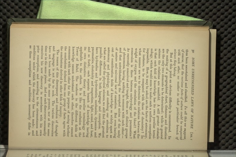 thus been ascertained and classified. In all this we suppose, of course, that the various facts of nature could be compared with each other, no matter to what particular branch of science they belong. But at this point an obvious difficulty is encountered. In the making of a geographical chart, distances and direction are the only two elements to be determined; while in general science the relations are manifold. A still greater obstacle is that each field of knowledge has its own peculiar termi- nology, which would seem to make such a uniform conception impossible. How, it may be asked, are the facts of astronomy, for instance, to be compared with those of chemistry? In what manner are we to determine the relations between the weight of oxygen and the circulation of the blood? What connexion is there between embryology and pneumatics ? As currently conceived and taught, these are distinct groups of phenomena, having nothing in common with each other— and that notwithstanding the accepted axiom of the unity of nature and universal law of causation. But even leaving out of consideration fields of knowledge so widely apart as astronomy and physiology, and confining our attention to what are called the physical sciences, we still find the greatest possible differences in both language and conception. We have hydraulics and hydrostatics, mechanics, dynamics and pneumatics, electricity and magnetism, light, sound, and heat, and so forth; each separate branch of knowledge having its own distinctive theory and peculiar terminology not applicable to the others. It is like the confusion at the Tower of Babel. The workers in the different fields of knowledge cannot understand each other, therefore cannot commune with each other for the purpose of seeing whether the conclusions deduced from one group of facts agree with the conclusions derived in other fields of inquiry. The reason of this discrepancy and confusion of thought and language is not far to seek. The various discoveries have not been made by the same persons, nor at the same time or in th'e same places. And as each discoverer necessarily conceives his new discovery in accordance with his own prior conceptions, and according to the circumstances and conditions under which the discovery has been made; and as these conceptions and conditions necessarily diifer in