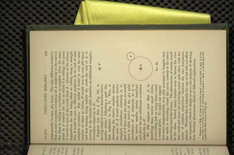 consequently be seen 365 times. The only difference would be that at each complete revolution of A relatively to the curved line (that is, taking a revolution as complete when the same point in A touches the line on which it is rolling) the point S would be seen at the zenith from A ; whereas on the former supposition, the disk being taken as rolling along a straight line, S would be seen in different positions at the end of each complete revolution. But, whilst $ would be seen the same number of times as before, S' would now be seen 366 times, and that because, being outside the circle, the axis of A, in moving in the circular orbit, describes an additional complete revolution relatively to S'. Suppose now that A (Fig. 66), in -^- s' moving round S, were to describe twelve smaller circles l, following a path like that indicated in Fig. 67. Then, in describing the twelve smaller circles, the axis of A would perform twelve complete revolutions relatively to $; and, if S were seen 365 times, we would have to allot twelve of the 365 axial revolutions of A relatively to S to the twelve smaller circles described, and allow for one additional revolution relatively to 8'. We will suppose now that A, in describing these twelve small circles, is travelling just as many times round a certain point. To make our supposi- tion more comprehensible, it is only necessary to imagine that the earth is travelling round the moon, instead of the latter travelling round the former. The phenomena, of course, would be the same. Indeed, many writers seem to favour the view that earth and moon are revolving round each other, with the centre of rotation somewhere between the two companion planets. Whether this be actually the case or not will not affect our argument, which is simply to serve the purpose of showing how identical phenomena admit of different explanations. 1 Suppose a disk, X, were to revolve round a central disk S, and A at the same time to revolve round X, and with X round S ; then A would describe a path like that shown in Fig. 67.