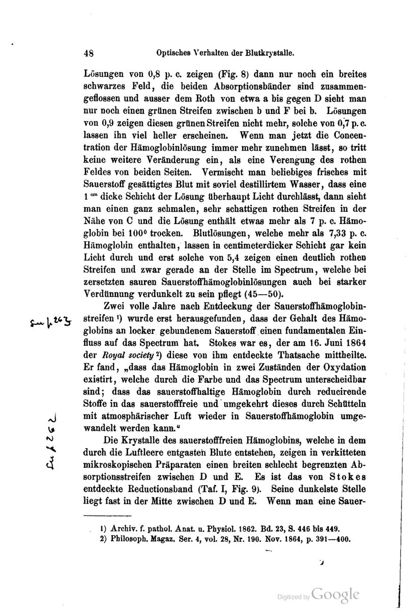 Lösungen von 0,8 p. c. zeigen (Fig. 8) dann nur noch ein breites schwarzes Feld, die beiden Absorptionsbänder sind zusammen- geflossen und ausser dem Roth von etwa a bis gegen D sieht man nur noch einen grünen Streifen zwischen b und F bei b. Lösungen von 0,9 zeigen diesen grünen Streifen nicht mehr, solche von 0,7 p. c. lassen ihn viel heller erscheinen. Wenn man jetzt die Concen- tration der Hämoglobinlösung immer mehr zunehmen lässt, so tritt keine weitere Veränderung ein, als eine Verengung des rothen Feldes von beiden Seiten. Vermischt man beliebiges frisches mit Sauerstoff gesättigtes Blut mit soviel destillirtem Wasser, dass eine 1 ^ dicke Schicht der Lösung überhaupt Licht durchlässt, dann sieht man einen ganz schmalen, sehr schattigen rothen Streifen in der Nähe von C und die Lösung enthält etwas mehr als 7 p. c. Hämo- globin bei 100^ trocken. Blutlösungen, welche mehr als 7,33 p. c. Hämoglobin enthalten, lassen in centimeterdicker Schicht gar kein Licht durch und erst solche von 5,4 zeigen einen deutlich rothen Streifen und zwar gerade an der Stelle im Spectrum, welche bei zersetzten sauren Sauerstoffhämoglobinlösungen auch bei starker Verdünnung verdunkelt zu sein pflegt (45—50). Zwei volle Jahre nach Entdeckung der Sauerstoffhämoglobin- A^i ictj^ streifen 9 wurde erst herausgefunden, dass der Gehalt des Hämo- globins an locker gebundenem Sauerstoff einen fundamentalen Ein- fluss auf das Spectrum hat. Stokes war es, der am 16. Juni 1864 der Royal society 2) diese von ihm entdeckte Thatsache mittheilte. Er fand, „dass das Hämoglobin in zwei Zuständen der Oxydation existirt, welche durch die Farbe und das Spectrum unterscheidbar sind; dass das sauerstoffhaltige Hämoglobin durch reducirende Stoffe in das sauerstofffreie und umgekehrt dieses durch Schütteln ^ mit atmosphärischer Luft wieder in Sauerstoffhämoglobin umge- V^ wandelt werden kann. ^ Die Krystalle des sauerstofffreien Hämoglobins, welche in dem ^ durch die Luftleere entgasten Blute entstehen, zeigen in verkitteten 4 mikroskopischen Präparaten einen breiten schlecht begrenzten Ab- sorptionsstreifen zwischen D und E. Es ist das von Stokes entdeckte Eeductionsband (Taf. I, Fig. 9). Seine dunkelste Stelle liegt fast in der Mitte zwischen D und E. Wenn man eine Sauer- 1) Archiv, f. pathol. Anat. u. Physiol. 1862. Bd. 23, S. 446 bis 449. 2) Philosoph. Magaz. Ser. 4, vol. 28, Nr. 190. Nov. 1864, p. 391-^400.