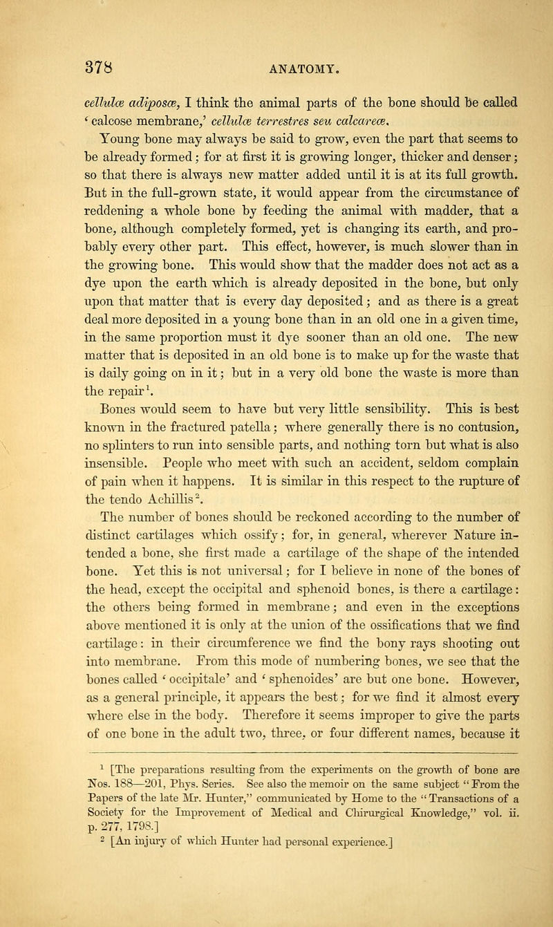 cellulce adiposce, I think the animal parts of the hone should he called (calcose membrane,' cellulce terrestres seu calcarece. Young hone may always be said to grow, even the part that seems to be already formed; for at first it is growing longer, thicker and denser; so that there is always new matter added until it is at its full growth. But in the full-grown state, it would appear from the circumstance of reddening a whole bone by feeding the animal with madder, that a bone, although completely formed, yet is changing its earth, and pro- bably every other part. This effect, however, is much slower than in the growing bone. This would show that the madder does not act as a dye upon the earth which is already deposited in the bone, but only upon that matter that is every day deposited; and as there is a great deal more deposited in a young bone than in an old one in a given time, in the same proportion must it dye sooner than an old one. The new matter that is deposited in an old bone is to make up for the waste that is daily going on in it; but in a very old bone the waste is more than the repair1. Bones would seem to have but very little sensibility. This is best known in the fractured patella: where generally there is no contusion, no splinters to run into sensible parts, and nothing torn but what is also insensible. People who meet with such an accident, seldom complain of pain when it happens. It is similar in this respect to the rupture of the tendo Achillis2. The number of bones should he reckoned according to the number of distinct cartilages which ossify; for, in general, wherever Nature in- tended a bone, she first made a cartilage of the shape of the intended bone. Yet this is not universal; for I believe in none of the bones of the head, except the occipital and sphenoid bones, is there a cartilage: the others being formed in membrane; and even in the exceptions above mentioned it is only at the union of the ossifications that we find cartilage: in their circumference we find the bony rays shooting out into membrane. From this mode of numbering bones, we see that the bones called ' occipitale' and ' sphenoides' are but one bone. However, as a general principle, it appears the best; for we find it almost every where else in the body. Therefore it seems improper to give the parts of one bone in the adult two, three, or four different names, because it 1 [The preparations resulting from the experiments on the growth of bone are Nos. 188—201, Phys. Series. See also the memoir on the same subject From the Papers of the late Mr. Hunter, communicated by Home to the Transactions of a Society for the Improvement of Medical and C'hirurgical Knowledge, vol. ii. p. 277, 1798.] 2 [An injury of which Hunter had personal experience.]