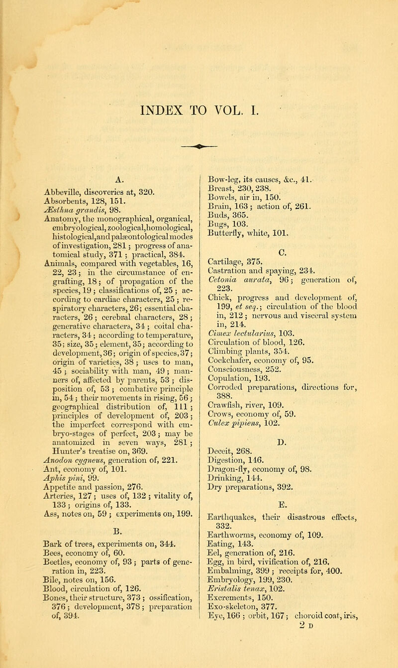INDEX TO VOL. I. A. Abbeville, discoveries at, 320. Absorbents, 128, 151. JEsthna grandis, 98. Anatomy, the monographical, organical, embryological,zoological,honiological, histological,and palseontological modes of investigation, 281; progress of ana- tomical study, 371; practical, 384. Animals, compared with vegetables, 16, 22, 23; in the circumstance of en- grafting, 18; of propagation of the species, 19; classifications of, 25 ; ac- cording to cardiac characters, 25; re- spiratory characters, 26; essential cha- racters, 26 ; cerebral characters, 28 ; generative characters, 34 ; coital cha- racters, 34; according to temperature, 35; size, 35; element, 35; according to development, 36; origin of species, 37; origin of varieties, 38; uses to man, 45 ; sociability with man, 49 ; man- ners of, affected by parents, 53 ; dis- position of, 53 ; combative principle in, 54; their movements in rising, 56; geographical distribution of, 111 ; principles of development of, 203; the imperfect correspond with em- bryo-stages of perfect, 203; may be anatomized in seven ways, 281; Hunter's treatise on, 369. Anodon cygneus, generation of, 221. Ant, economy of, 101. Aphis pini, 99. Appetite and passion, 276. Arteries, 127; uses of, 132 ; vitality of, 133 ; origins of, 133. Ass, notes on, 59 ; experiments on, 199. B. Bark of trees, experiments on, 344. Bees, economy of, 60. Beetles, economy of, 93 ; parts of gene- ration in, 223. Bile, notes on, 156. Blood, circulation of, 126. Bones, their structure, 373 ; ossification, 376; development, 378; preparation of, 394. Bow-leg, its causes, &c, 41. Breast, 230, 238. Bowels, air in, 150. Brain, 163 ; action of, 261. Buds, 365. Bugs, 103. Butterfly, white, 101. C. Cartilage, 375. Castration and spaying, 234. Cetonia aurata, 96; generation of, 223. Chick, progress and development of, 199, et seq.; circulation of the blood in, 212; nervous and visceral system in, 214. Cimex lectularius, 103. Circulation of blood, 126. Climbing plants, 354. Cockchafer, economy of, 95. Consciousness, 252. Copulation, 193. Corroded preparations, directions for, 388. Crawfish, river, 109. Crows, economy of, 59. Culex pip>iens, 102. D. Deceit, 268. Digestion, 146. Dragon-fly, economy of, 98. Drinking, 144. Dry preparations, 392. E. Earthquakes, their disastrous effects, 332. Earthworms, economy of, 109. Eating, 143. Eel, generation of, 216. Egg, in bird, vivification of, 216. Embalming, 399 ; receipts for, 400. Embryology, 199, 230. Erlstalis tenax, 102. Excrements, 150. Exo-skeleton, 377. Eye, 166 ; orbit, 167; choroid coat, iris, 2d