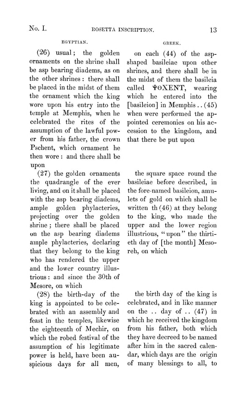 EGYPTIAN. (26) usual; the golden ornaments on the shi'ine shall be asp bearing diadems, as on the other shrines : there shall be placed in the midst of them the ornament which the king wore upon his entry into the temple at Memphis, when he celebrated the rites of the assumption of the lawful pow- er from his father, the crown Pschent, which ornament he then wore : and there shall be upon (27) the golden ornaments the quadrangle of the ever living, and on it shall be placed with the asp bearing diadems, ample golden phylacteries, projecting over the golden shrine ; there shall be placed on the asp bearing diadems ample phylacteries, declaring that they belong to the king who has rendered the upper and the lower country illus- trious : and since the 30th of Mesore, on which (28) the birth-day of the king is appointed to be cele- brated with an assembly and feast in the temples, likewise the eighteenth of Mechir, on which the robed festival of the assumption of his legitimate power is held, have been au- spicious days for all men, GREEK. on each (44) of the asp- shaped basileiae upon other shrines, and there shall be in the midst of them the basileia called teXENT, wearing which he entered into the [basileion] in Memphis .. (45) when were performed the ap- pointed ceremonies on his ac- cession to the kingdom, and that there be put upon the square space round the basileiae before described, in the fore-named basileion, amu- lets of gold on which shall be written th (46) at they belong to the king, who made the upper and the lower region illustrious, upon the thirti- eth day of [the month] Meso- reh, on which the birth day of the king is celebrated, and in like manner on the .. day of .. (47) in which he received the kingdom from his father, both which they have decreed to be named after him in the sacred calen- dar, which days are the origin of many blessings to all, to