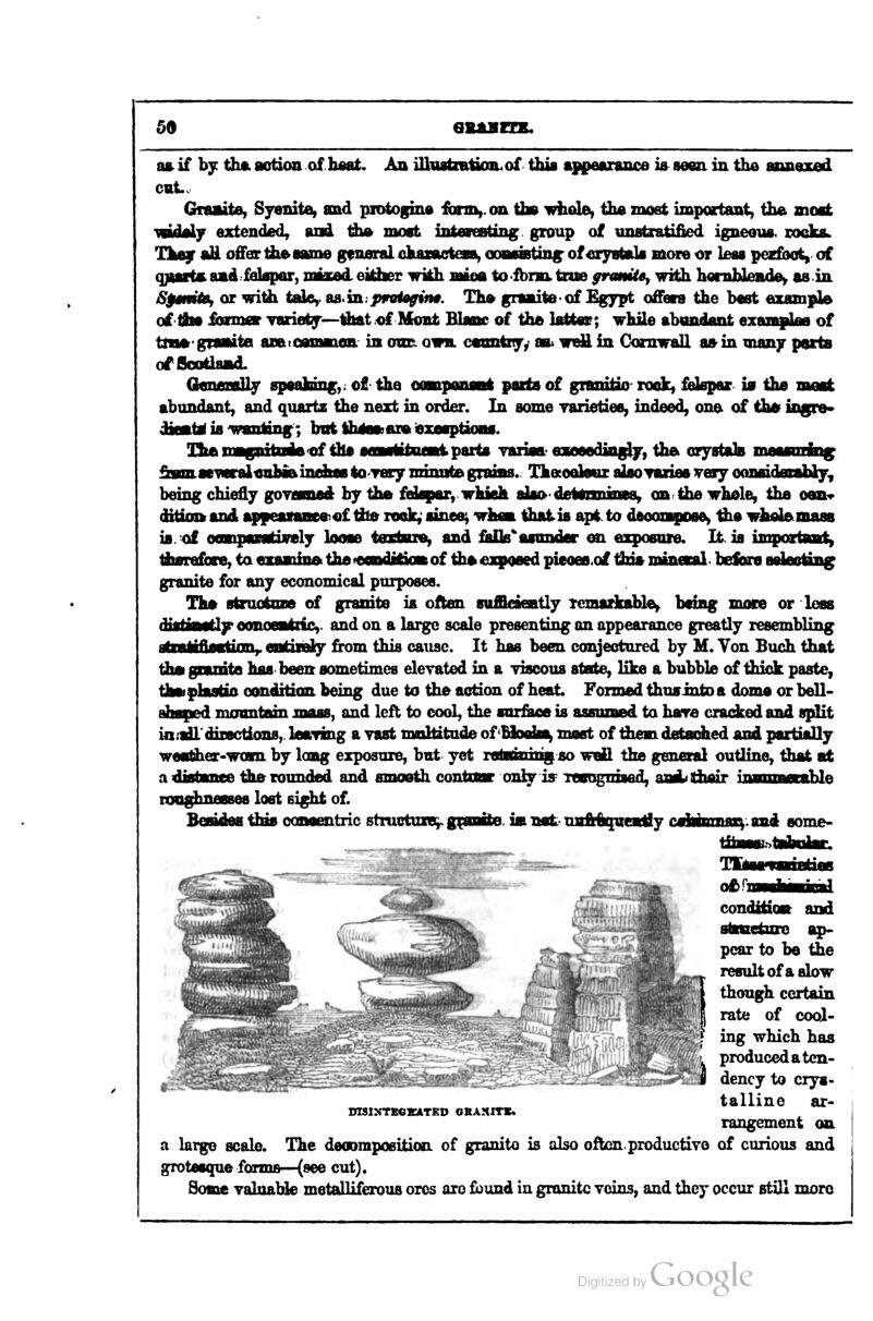 a» if by thft aotion of hAat. Aq iUvstretioa^of this appearancfl ia seen in the wnngyflri cut. Chnaaite, Syenite^ amd protogins forniy.cm tb» iviude, tbe most important, tlie mcMt •miBky extended, and tii» most intevestiiii^. group of unstratified igneous, rocka.. Tlii^ aU offer tiieattmo gymraX chaiacteMi, oonmHting- of erystak more or leas pez&ot, of q^iartftandfolflpar, jniaaod.eiHier wkhmaoAtofbrm.tniegnmiie^wxthhoniMeado> as.in iS|MniA^ or with tale,. a8.in;^>fro<^fi#. Th* granite of Egypt offera the best 6T«inpl6 oi^m &sno0t Tariety—tiiatof Mont Blanc of the li^ta?; while abondant exampilaa of ttmagraAite ao&toaramon in oim own canntiyy as^ wdl in Cornwall a»in many pacta orScoduid. QenfiBBlly speaking,. o£ the canpanant parts of giamtio rook, fslspar 10 the moat abundant, and quartz the next id order. In some yarietiea, indeed, ona of thSF ingre* dioitri is wanking; but tbina ara iexeaptioaa. XhenBenztadetif the aaartitmaifc parts Tariaa- exeaedingly, tha oryBtalB maaanring ftamaa^wrat^iibiftinrfiea to Tecy mimitoi graiiis.. Thecooleaz aisoTaziea veary conmdwraMy, being chiefly goTonad by the fslspar, whidi alsO'deltmiincs, on the whole, the oon^ dhiotkand i^feafaBMDoftto roek,-ainee^ whfiK thatis apt. to daconpose, tiia wholomaaa ia/of oomparatufely looae testen^ and £y]fi*'asmider on exposare. It is important, tiureim, to fnramini» Uie «fiqnditkiii of th* expqaed pieoes.of tfloa mineaal ■ belare ■ft*****^^ granite for any economical purposes. Tha atruotoDe of granite is often suiBeMntly remarkable, being moie or less diatMMtly oonoevtiic,. and on a large scale presenting an appearance greatly resembling dboaMfiaactiaiv entixialy from this cause. It has been conjectured by M. Yon Buch that thai g^nnite has been sometimes elevated in a -nscous state, like a bubble of ihidk paste, thai plastic oonditian being due to the action of heat Formed thusJnto a dome or bell- ahaiKd nunmtain mass, and left to cool, the sor&oeis assumed to lunra cracked and split iix:ail'dirsctioiis,. laaTing a vast nuiltitude of <fi]odB% most of tiiem detached and partially weotlher-wanL by long exposure, but yet rwddiDTngso wail the general outline, that at a diatenee tho rounded and smooth contanr on]^ is^ itgu^juined, auAitbair inamBanble Eoag^messes lost sight of. BeaideB this oonaentric structuieiv granite, iai nat- unft^uendy ffji^wnmiy^ and eome- tiiBH2.->ti[biaac o£>rn conditioBi and tttnLctuie ap- pear to be the result of a slow though certain rate of cool- ing which has L produced a tcn- t:'3 dency to ciys- talline ar- rangement on a large scale. The deoompoeition. of granite is also often, productiyo of curious and grotesque fonnfi—(see cut). SoBoa yaluabk metalliferous ores arc fbund in granite vcios, and they occur still moro DISIXTSQKATEO GBAHITS*