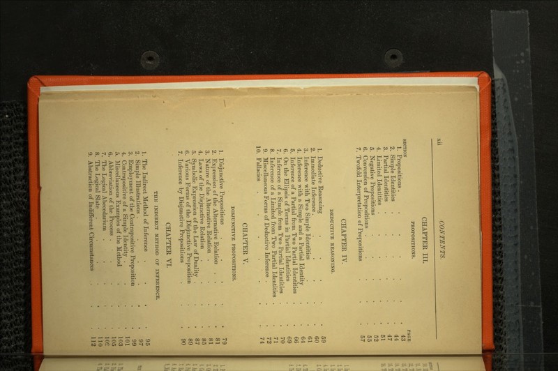 CHAPTER III. PROPOSITIONS. SECTION PAGE 1. Propositions . . . . . . .43 2. Simple Identities . . . . . .44 3. Partial Identities . . . . . .47 4. Limited Identities . . . . . .51 5. Negative Propositions . . . . .52 6. Conversion of Propositions . . . . .55 7. Twofold Interpretation of Propositions . . .57 CHAPTER IV. DEDUCTIVE REASONING. 1. Deductive Reasoning . . . . .59 2. Immediate Inference. . . . . .60 3. Inference with Two Simple Identities . . .61 4. Inference with a Simple and a Partial Identity . .64 5. Inference of a Partial from Two Partial Identities . . 66 6. On the Ellipsis of Terms in Partial Identities . .69 7. Inference of a Simple from Two Partial Identities . . 70 8. Inference of a Limited from Two Partial Identities . .71 9. Miscellaneous Forms of Deductive Inference . . .72 10. Fallacies . . . . . . .74 CHAPTER V. DISJUNCTIVE PROPOSITIONS. 1. Disjunctive Propositions . . . . .79 2. Expression of the Alternative Relation . . .81 3. Nature of the Alternative Relation . . . .81 4. Laws of the Disjunctive Relation . . . .85 5. Symbolic Expression of the Law of Duality . . .87 6. Various Forms of the Disjunctive Proposition . .89 7. Inference by Disjunctive Propositions . . .90 CHAPTER VI. THE INDIRECT METHOD OF INFERENCE. 1. The Indirect Method of Inference . . . .95 2. Simple Illustrations . . . . . .97 3. Employment of the Contrapositive Proposition . . 99 4. Contrapositive of a Simple Identity . . . .101 5. Miscellaneous Examples of the Method . . . 103 6. Abbreviation of the Process ..... 105 7. The Logical Abecedarium . . . . 10£ 8. The Logical Slate . . . . . .110