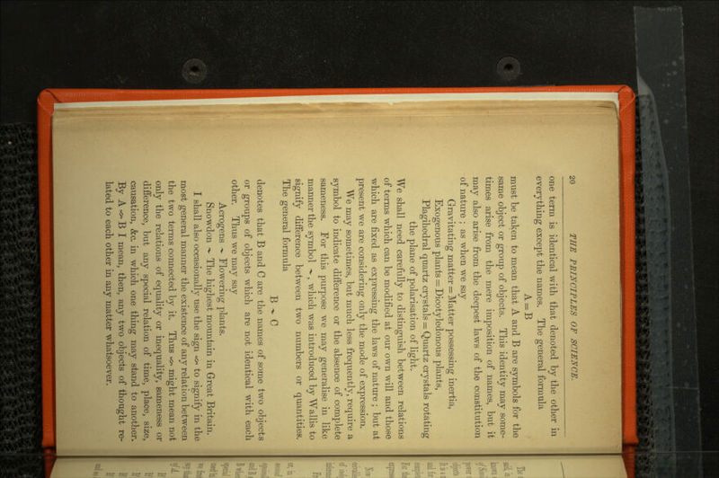 one term is identical with that denoted by the other in everything except the names. The general formula A = B must be taken to mean that A and B are symbols for the same object or group of objects. This identity may some times arise from the mere imposition of names, but it may also arise from the deepest laws of the constitution of nature ; as when we say Gravitating matter = Matter possessing inertia, Exogenous plants = Dicotyledonous plants, Plagihedral quartz cry stale = Quartz crystals rotating the plane of polarisation of light. We shall need carefully to distinguish between relations of terms which can be modified at our own will and those which are fixed as expressing the laws of nature; but at present we are considering only the mode of expression. We may sometimes, but much less frequently, require a symbol to indicate difference or the absence of complete sameness. For this purpose we may generalise in like manner the symbol -*•, which was introduced by Wallis to signify difference between two numbers or quantities. The general formula B - C denotes that B and C are the names of some two objects or groups of objects which are not identical with each other. Thus we may say Acrogens * Flowering plants. SnowTdon *» The highest mountain in Great Britain. I shall also occasionally use the sign «» to signify in the most general manner the existence of any relation between the two terms connected by it. Thus «» might mean not only the relations of equality or inequality, sameness or difference, but any special relation of time, place, size, causation, &c. in which one thing may stand to another. By A «o* B I mean, then, any two objects of thought re lated to each other in any matter whatsoever.