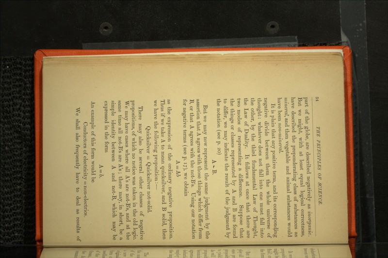 part of the globe, are described negatively as inorganic. But we might, with at least equal logical correctness, have described the preponderating class of substances as mineral, and then vegetable and animal substances would have been non-mineral. It is plain that any positive term, and its corresponding negative divide between them the whole universe of thought: whatever does not fall into one must fall into the other, by the third fundamental Law of Thought, the Law of Duality. It follows at once that there are two modes of representing a difference. Suppose that the things or classes represented by A and B are found to differ, we may indicate the result of the judgment by the notation (see p. 20) A-B. But we may now represent the same judgment by the assertion that A agrees with those things which differ from B, or that A agrees with the not-B's. Using our notation for negative terms (see p. 17), we obtain A = A6 as the expression of the ordinary negative proposition. Thus if we take A to mean quicksilver, and B solid, then we have the following proposition :— Quicksilver = Quicksilver not-solid. There may also be several other classes of negative propositions, of which no notice was taken in the old logic. We may have cases where all A's are not-B's, and at the same time all not-B's are A's; there may, in short, be a simple identity between A and not-B^ which may be expressed in the form A=6. An example of this form would be Conductors of electricity = non-electrics. We shall also frequently have to deal as results of