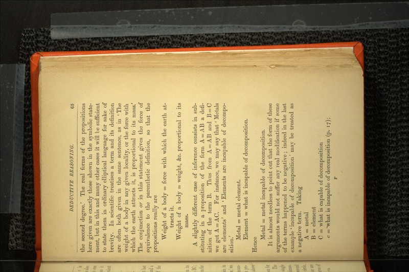 the second degree.' The real forms of the propositions here given are exactly those shown in the symbolic state ment, but in this and many other cases it will be sufficient to state them in ordinary elliptical language for sake of brevity. In scientific treatises a term and its definition are often both given in the same sentence, as in ' The weight of a body in any given locality, or the force with which the earth attracts it, is proportional to its mass.' The conjunction or in this statement gives the force of equivalence to the parenthetic definition, so that the propositions really are Weight of a body = force with which the earth at tracts it. Weight of a body = weight, &c. proportional to its mass. A slightly different case of inference consists in sub stituting in a proposition of the form A = AB a defi nition of the term B. Thus from A = AB and B = C we get A = AC. For instance, we may say that' Metals are elements' and 'Elements are incapable of decompo sition.' Metal = metal element. Element = what is incapable of decomposition. Hence Metal = metal incapable of decomposition. It is almost needless to point out that the form of these arguments would not suffer any real modification if some of the terms happened to be negative ; indeed in the last example * incapable of decomposition' may be treated as a negative term. Taking A = metal B = element C = what is capable of decomposition c =~what is incapable of decomposition (p. 17);