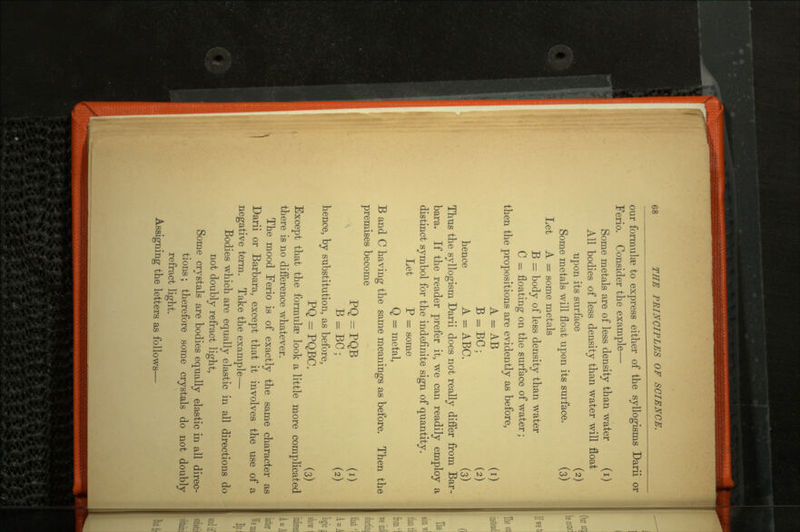 our formulae to express either of the syllogisms Darii or Ferio. Consider the example— Some metals are of less density than water (i) All bodies of less density than water will float upon its surface (2) Some metals will float upon its surface, (3) Let A = some metals B = body of less density than water C = floating on the surface of water; then the propositions are evidently as before, A = AB (i) B = BC; (2) hence A = ABC. (3) Thus the syllogism Darii does not really differ from Bar bara. If the reader prefer it, we can readily employ a distinct symbol for the indefinite sign of quantity. Let P = some Q = metal, B and C having the same meanings as before. Then the premises become PQ == PQB (i) B = BC; (2) hence, by substitution, as before, PQ == PQBC. (3) Except that the formulae look a little more complicated there is no difference whatever. The mood Ferio is of exactly the same character as Darii or Barbara, except that it involves the use of a negative term. Take the example— Bodies which are equally elastic in all directions do not doubly refract light, Some crystals are bodies equally elastic in all direc tions; therefore some crystals do not doubly refract light. Assigning the letters as follows—