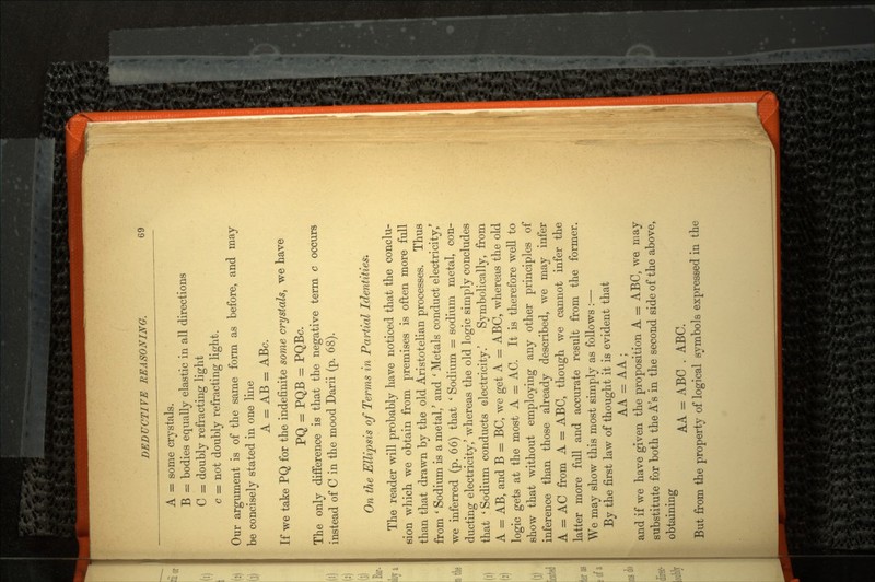 A = some crystals. B = bodies equally elastic in all directions C = doubly refracting light c = not doubly refracting light. Our argument is of the same form as before, and may be concisely stated in one line A = AB = ABc. If we take PQ for the indefinite some crystals, we have PQ = PQB = PQBc. The only difference is that the negative term c occurs instead of C in the mood Darii (p. 68). On the Ellipsis of Terms in Partial Identities-. The reader will probably have noticed that the conclu sion which we obtain from premises is often more full than that drawn by the old Aristotelian processes. Thus from ' Sodium is a metal/ and ' Metals conduct electricity,' we inferred (p. 66) that ' Sodium = sodium metal, con ducting electricity/ whereas the old logic simply concludes that ' Sodium conducts electricity.' Symbolically, from A = AB, and B = BC, we get A = ABC, whereas the old logic gets at the most A = AC. It is therefore well to show that without employing any other principles of inference than those already described, we may infer A = AC from A = ABO, though we cannot infer the latter more full and accurate result from the former. We may show this most simply as follows :— By the first law of thought it is evident that AA = AA ; and if we have given the proposition A = ABC, we may substitute for both the A's in the second side of the above, obtaining AA = ABC . ABC. But from the property of logical symbols expressed in the