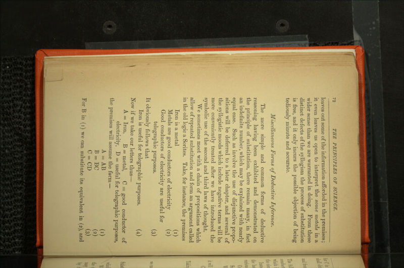 leaves out some of the information afforded in the premises; it even leaves us open to interpret the some metals in a wider sense than we are warranted in doing. From these distinct defects of the syllogism the process of substitution is free, and it only incurs the possible objection of being tediously minute and accurate. Miscellaneous Forms of Deductive Inference. The more simple and common forms of deductive reasoning having been exhibited and demonstrated on the principle of substitution, there remain many, in fact an indefinite number, which may be explained with nearly equal ease. Such as involve the use of disjunctive propo sitions will be deferred to a later chapter, and several of the syllogistic moods which include negative terms will be more conveniently treated after we have introduced the symbolic use of the second and third laws of thought. We sometimes meet with a chain of propositions which allow of repeated substitution and form an argument called in the old logic a Sorites. Take, for instance, the premises Iron is a metal (i) Metals are good conductors of electricity (2) Good conductors of electricity are useful for telegraphic purposes. (3) It obviously follows that Iron is useful for telegraphic purposes. (4) Now if we take our letters thus— A = Iron, B = metal, C = good conductor of electricity, D = useful for telegraphic purposes, the premises will assume the form— A = AB (i) B = BC (a) C = CD (3) For B in (i) we can substitute its equivalent in (2), and