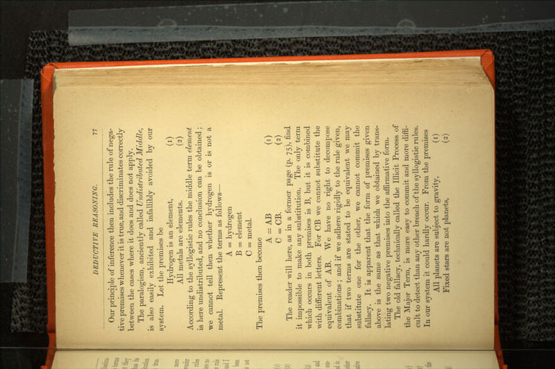 Our principle of inference then includes the rule of nega tive premises whenever it is true, and discriminates correctly between the cases where it does and does not apply. The paralogism, anciently called Undistributed Middle, is also easily exhibited and infallibly avoided by our system. Let the premises be Hydrogen is an element, (i) All metals are elements. (2) According to the syllogistic rules the middle term element is here undistributed, and no conclusion can be obtained ; we cannot tell then whether hydrogen is or is not a metal. Eepresent the terms as follows— A = hydrogen B = element C = metal. The premises then become A = AB (i) C = CB. (2) The reader will here, as in a former page (p. 75), find it impossible to make any substitution. The only term which occurs in both premises is B, but it is combined with different letters. For CB we cannot substitute the equivalent of AB. We have no right to decompose combinations ; and if we adhere rigidly to the rule given, that if two terms are stated to be equivalent we may substitute one for the other, we cannot commit the fallacy. It is apparent that the form of premises given above is the same as that which we obtained by trans lating two negative premises into the affirmative form. The old fallacy, technically called the Illicit Process of the Major Term, is more easy to commit and more diffi cult to detect than anv other breach of the syllogistic rules. *• I/O In our system it could hardly occur. From the premises All planets are subject to gravity, (i) Fixed stars are not planets, (2)