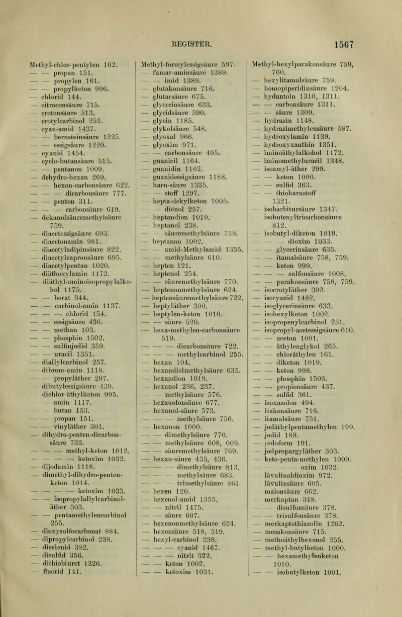 Methyl-chlor-pent3'len 1G2. — — propan 151. — — propylen 161. — — propylketon 99G. — Chlorid 144. — citraconsäure 715. — crotonsäure 513. — crotylcarbinol 252. — cyan-amid 1437. — — bernsteinsäure 1225. — — essigsaure 1220. — Cyanid 1454. — cyclo-butansäure 515. — — pentanon 1009. — dehydro-hexan 269. — — hexon-carbonsäure 622, — — — dicarbonsäure 777. — — penton 311. — — — carbonsäure 619. — dekanolsäuremethylsäure 759. — diacetessigsäure 693. — diaeetonamin 981. — diacetyladipinsäure 822. — diacetylcaproiisäure 695. — diacetylpentan 1020. — diäthoxylamin 1172. — diätbyl-aminoisopropylalko- hol 1175. borat 344. — — carbiuol-amin 1137. — — — clilorid 154. — — essigsaure 436. — — methan 103. — — phosphin 1502. — — sulfinjodid 359. — — uracil 1351. — diallylcarbinol 257. — dibrom-amin 1118. — — propyläther 297. — dibutylessigsiiure 439. — dichlor-äthylketon 995. — — amin 1117. — — butan 153. — — propan 151. — — vinyläther 301. — dihydro-penten-dicarbon- säure 733. methyl-keton 1012. ketoxim 1032. — dijodamiu 1118. — dimetliyl-dihydro-penten- keton 1014. ketoxim 1033. — — isopropylallylcarbinol- äther 303. — — pentaniethylenearbinol 255. — dioxysulfocarbouat 884. — dipropyloarbinol 238. — diselenid 382. — disulfid 356. — dithiobiuret 1326. — fluorid 141. Methyl-forinylessigsiiure 597. — fumar-aminsäure 1389. iniid 1389. — glutakonsäure 716. — glutarsäure 675. — glycerinsäure 633. — glycidsäure 590. — glyein 1185. — glykolsäure 548. — glyoxal 966. — glyoxim 971. — — carbonsäure 495. — guanicil 1164. — guanidin 1162. — guanidessigsäure 1188. — harn-säure 1335. Stoff 1297. — hepta-dekylketou 1005. dienol 257. — beptandion 1019. — beptanol 238. — — säurenietliylsäurc 758. — heptanon 1002. — — amid-Metliylamid 1355. — — methylsäure 610. — hepten 121. — heptenol 254. — — säuremethylsäure 770. — heptenonmethylsäure 624. — heptensäuremetliylsäure 722. — heptyläther 300. — heijtylen-keton 1010. — — säure 520. — hexa-methylen-carbonsäure 519. — — — dicarbonsäure 722. — — — methylcarbinol 255. — bexan 104. — hexandiolmethylsäure 635. — hexandion 1019. — hexanol 236, 237. — — methylsäure 576. — liexaoolonsäure 677. — hexanol-säure 573. — — — methylsäure 756. — hexanon 1000. — — dimethylsäure 770. methylsäure 608, 609. — — säuremethylsäure 769. — hexaii-säure 435, 436. — — — dimethylsäure 813. — — — metliylsäure 683. — — — trimethylsäure 861. — hexeu 120. — liexenol-amid 1355. nitril 1475. — — säure 607. — hexenonmetliylsäure 624. —- hexensäure 518, 519. — hexyl-carbinol 238. Cyanid 1467. — — — nitrit 322. keton 1002. — — ketoxim 1031. Metliyl-hexylparakonsäure 759, 700. — Jiexylitamalsäure 759. — homopiperidinsäure 1204. — hydantoin 1310, 1311. — — carbonsäure 1311. säure 1309. — hydrazin 1148. — hydrazimethylensäure 587. — hydroxylamin 1139. — hydroxyxanthin 1351. — iminoäthylalkohol 1172. — iminomethyluracil 1348. — isoamyl-äther 299. keton 1000. Sulfid 363. — — thioharnstoff 1321. — isobarbitursäure 1347. — isobutenyltricarbonsäure 812. •— isobutyl-diketon 1019. — — — dioxim 1033. — — glycerinsäure 635. — — itamaLsäure 758, 759. keton 999. — — — sulfonsäure 1008. — — parakonsäure 758, 759. — isocrotyläther 302. — isocyanid 1482. — isoglycerinsäure 633. — isohexylketon 1002. — isopropenylcarbinol 251. — isopropyl-acetessigsäure 610. — — aceton 1001. — — äthylenglykol 265. — — chloräthylen 161. diketon 1019. keton 998. — — phosphin 1503. — — Propionsäure 437. Sulfid 361. — isoxazolon 494. — itakonsäure 716. — itamalsäure 751. — jodäthylpentamethylen 199. — Jodid 189. — jodoform 191. — jodpropargyläther 303. — keto-penta-methylen 1009. oxira 1032. — lävulinaldioxim 972. — lävulinsäure 605. — malonsäure 062. — merkaptan 348. — — disulfonsäure 378. — — trisulfonsäure 378. — merkaptothiazolin 1262. — mesakonsäure 715. — methoäthylhexenol 255. — metbyl-butylketou 1000. — — liexanietliylenketon 1010. — — isobutylketon 1001.