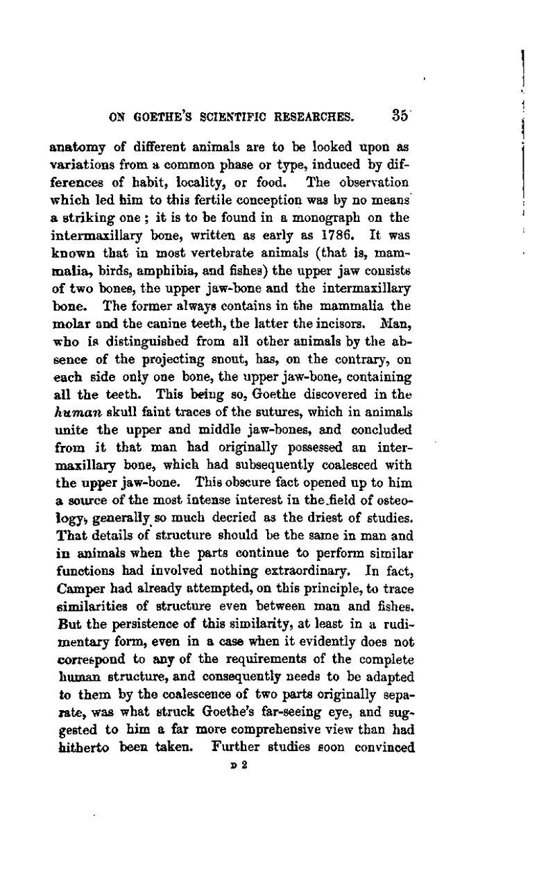 anatomy of diflferent animals are to be looked upon as variations from a common phase or type, induced by dif- ferences of habit, locality, or food. The observation which led him to this fertile conception was by no means a striking one ; it is to be found in a monograph on the intermaxillary bone, written as early as 1786. It was known that in most vertebrate animals (that is, mam- malia, birds, amphibia, and fishes) the upper jaw consists of two bones, the upper jaw-bone and the intermaxillary bone. The former always contains in the mammalia the molar and the canine teeth, the latter the incisors. Man, who is distinguished from all other animals by the ab- sence of the projecting snout, has, on the contrary, on each side only one bone, the upper jaw-bone, containing all the teeth. This being so, Goethe discovered in the human skull faint traces of the sutures, which in animals unite the upper and middle jaw-bones, and concluded from it that man had originally possessed an inter- maxillary bone, which had subsequently coalesced with the upper jaw-bone. This obscure fact opened up to him a source of the most intense interest in the^eld of osteo- logy^ generally^ so much decried as the driest of studies. That details of structure should be the same in man and in animals when the parts continue to perform similar functions had involved nothing extraordinary. In fact, Camper had already attempted, on this principle, to trace similarities of structure even between man and fishes. But the persistence of this similarity, at least in a rudi- mentary form, even in a case when it evidently does not correspond to any of the requirements of the complete human structure, and consequently needs to be adapted to them by the coalescence of two parts originally sepa- rate, was what struck Goethe's far-seeing eye, and sug- gested to him a far more comprehensive view than had hitherto been taken. Further studies soon convinced d2