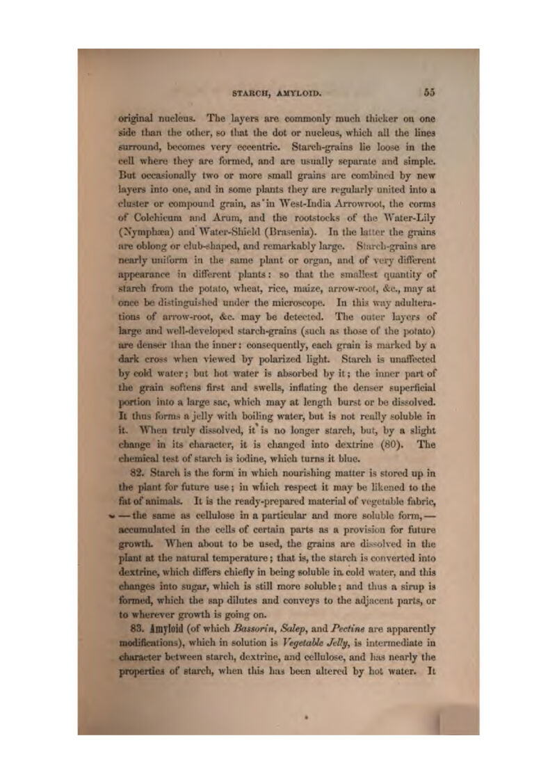 original nueleas. The layers are coiranonly much thit-ker on one side Uian (lie otiicr, so fUtit the dot or nucleu,'*, which all llic Unea siuTounJ, l«'t'omes very ect'entrie, Starcli-grams lie loose in the L-ell where they ore fbrmfd> and are usually sepanitc and isimplc. But (K'cafionally two or more smtitl grains ure combined by new layers into one, and in some plnnis lliey are rt-guUtrly uiiiled into u cluster or compound grain, as'in West-India A^^^^vToot, the coring of Colchk'um atul Arum, and the root^tot-ks of thii Water-Lily (Nympboea) and Wati'i'-Shitdd (lirasenia). In the laltcr the grains are oblong or club-t^hiiped, and remarkably large. Sutri'lt-grains are nearly unjlbrm in the eanic idunt or organ, and of \ti*y dtfierent appearanre in ditTerfnt plants; so that the fimalk-^t qumitily of starch from llie potato, wheat, rice, iniuze, nrroM'-roDf, &.c,, may at once be disfingni-hed under the microscope. In this way adiiliera- tions of firrovv*-r<x>t, &c. may be detected. The outer luynrs of large and ivullHlcvelopcil staruh-graina (iuth no tho.4e of the polaiu) ure denser llian the inner: consequently, each grain h mai'ked by a dark cross wlien viewed by polarized light. Stfuvli is unatTected by cold wat»M'; hut hot. water i* absorbed by it; the inner p«rt of tlie grain softens fli-st and swells, inrtatiiig the denser superficial portion into a large sac, which may at length burst or hn dissolved. It thus f(jrm» a jrjUy with boiling water, but is not really soluble in It. Wlieu truly dissolved, it is no longer stareh, hut, by a slight cliange bi iL^ character, it is cliangcd into dextrine (80). The cbemlca) tt?.«t of start'h is iodine, which turns it blue. 82. Starcli is the form in which nourishing matter is stored up in t}>e plant for future ttse; in wbich reapect it may be likened to the fat of tmimaU, It is the ready-pre pared mnteriiJ of vegetable fabric, — the same us celluloae tn a particular and more Holuble form, — accumulated in tlie celU of certain porta as a provision for future growth. TATien aKiut to be used, the grains arc di.-^solved in the plant at ibe natural temperature} that is, the starch is converted into dextrine^ whicli differs chiefly in being eoluble ia cold water, and this clmnges into sugar, which is still more soluble', and thus a ainip is formed, which the sap dilutes aud conveys to the adjucent part?, or to wherever growth is going on. 83. Jinyloid (of which Bassorin^ &dep, and PeetCna ai'e apparently inodiiiciilionri), wliich in solution is Vegetable Jtl!^, is intennediate in «hiu^-ier between atttreh, dextriucj and cellulo&e, and hus nearly the properties of §tarcb, when thi;i hiu been altered by hot water. It ■