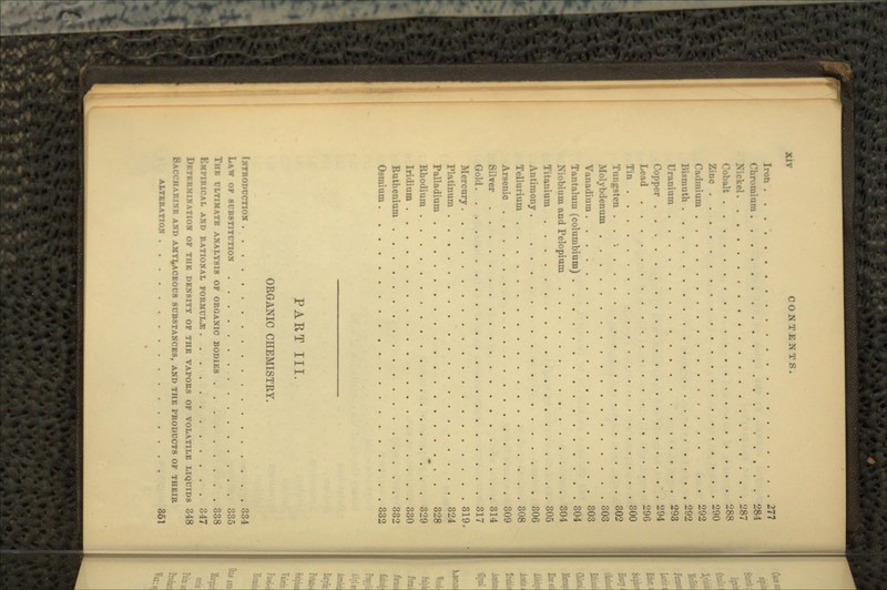 Iron f Chromium 284 Nickel 287 Cobalt 288 Zinc 29° Cadmium 292 Bismuth 292 Uranium • 293 Copper • 294 Lead 296 Tin 300 Tungsten . . : 302 Molybdenum 303 Vanadium 303 Tantalum (columbium) 304 Niobium and Pelopium 304 Titanium 305 Antimony 306 Tellurium 308 Arsenic 309 Silrer 314 Gold 317 Mercury 319. Platinum 324 Palladium ^ . . 328 Rhodium ...*... 329 Iridium . 330 Ruthenium 332 Osmium . , 332 PART III. ORGANIC CHEMISTRY. (XTRODDCTIOH 334 LAW OF SUBSTITUTION 335 TlIE ULTIMATE ANALYSIS OF ORGANIC BODIES 338 EMPIRICAL AND RATIONAL FORMULA 347 DETERMINATION OF THE DENSITY OF THK VAPORS OF VOLATILE LIQUIDS 348 SACCHARINE AND AMYLACEOUS SUBSTANCES, AND THE PRODUCTS OF THEIR ALTERATION . . 361