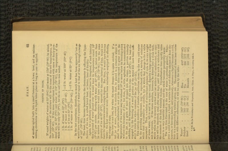 of another spiral built into a small furnace at a lowe: level, and an uninter- nutting circulation of the liquid takes place as long as r«eat is applied. CHANGE OF STATE. If equal weights of water at 32° (0°C) and water at 174° (78°-8C) be mixed, the temperature of the mixture will be the mean of the two temperatures, or 1():J° (39°-4C). If the same experiment be repeated with snow or finely-pow- dered ice, at 32° (0°C) and water at 174° (78°-8C), the temperature of the whole will be only 32° (0°C), but the ice will have been melted. \ It. $££^78.^ H lb- *- *< 32° In the last experiment, therefore, as much heat has been apparently lost aa would have raised a quantity of water equal to that of the ice through a range of 142° (78°-8G). The heat, thus become insensible to the thermometer in affecting the lique- faction of the ice, is called latent heat, or better, heat of fluidity. Again, let a perfectly uniform source of heat be imagined, of such intensity that a pound of water placed over it would have its temperature raised 10° (5°-5C) per minute. Starting with water at 32° (0°C), in rather more than 14 minutes its temperature would have risen 142° (78°-8C) ; but the same quantity of ice at 32° (0°C), exposed for the same interval of time, would not have its temperature raised a single degree. But, then, it would have become water ; the heat received would have been exclusively employed in effecting the change of state. This heat is not lost, for when the water freezes it is again evolved. If a tall jar of water, covered to exclude dust, be placed in a situation where it shall be quite undisturbed, and at the same time exposed to great cold, the temperature of the water may be reduced 10° or more below its freezing-point without the formation of ice ; but then, if a little agitation be communicated to the jar, or a grain of sand dropped into the water, a portion instantly solidifies, and the temperature of the whole rises to 32° (0°C) ; the heat dis- engaged by the freezing of a small portion of the water will have been suffi- cient to raise the whole contents of the jar 10° (5°-5C). This curious condition of instable equilibrium shown by the very cold water in the preceding experiment, may be reproduced with a variety of solutions which tend to crystallize or solidify, but in which that change is for a while suspended. Thus, a solution of crystallized sulphate of soda in its own weight of warm water, left to cool in an open vessel, deposits a large quantity of the salt in crystals. If the warm solution, however, be filtered into a clean llask, which when full is securely corked and set aside to cool undisturbed, no crys- tals will be deposited, even after many days, until the cork is withdrawn and the contents of the Husk violently shaken. Crystallization then rapidly takes place in a very beautiful manner, and the whole becomes perceptibly warm. The law thus illustrated in the case of water is perfectly general. When- ever a solid becomes a liquid, a certain fixed and definite amount of heat dis- l-ec-'iin'-- latent ; and conversely, whenever a liquid becomes a solid, heat to a corresponding extent is given out. The amount of latent heat varies much with different substances, as will be seen by the table : Water' . .142° (78°-8C) Sulphur . . M5 (80 ••.«•) Lead . . . ii.2 v'.'0 -5C) Zinc . . . 403° (273°-8C) Tin . . 50<> uh . . 550 (305 -5C) MM !•,• l:t ri-.vMtayoand llcguault, Ann. Chiui. vl I
