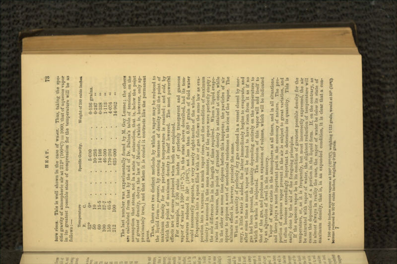 hire rises. This is well shown in the case of waver. Thus, taking the spe- cific gravity of atmospheric air at 212° (100°C) = 1000, that of aqueous vapor in its greatest possible state of compression for the temperature will be as follows:— Temperature Specific Gravity. Weight of 100 cubic inch** P. C. 32° 0° ... 6-600 . . 0-136 grains. 60 10 ... 10-293 . . 0-247 » 60 16-5 . . . 14-108 . . 0-338 « 100 37-7 . . . 46-500 . 1-113  150 65-5 . . . 170-293 . . 4-076  212 100 ... 625000 . . 14-962 « The last number was experimentally found by M. Gay Lussac; the others are calculated from that by the aid of Dr. Dalton's table of tensions, on the assumption that steam, not in a state of saturation, that is, below the point of greatest density, obeys the law of Mariottu, (which is, however, only ap- proximately true,) and that when it is cooled it contracts like the permanent Thus, there are two distinct methods by which a vapor may be reduced to the liquid form—prtuurc, by causing increase of density until the point of maximum density for the particular temperature is reached ; and cold, by which the point of maximum density is itself lowered. The most powerful effects are of course produced when both are conjoined. For example, if 100 cubic inches of perfectly transparent and gaseous vapor of water at 100° (37°-7C), in the state above described, had its tem- peratures reduced to 50° (10°C), not less than 0.891 grain of fluid water would necessarily separate, or very nearly eight-tenths of the whole. Evaporation into a space filled with air or gas follows the same law as eva- poration into a vacuum; as much vapor rises, and the condition of maximum density is assumed in the same manner, as if the space were perfectly empty; the sole difference lies in the length of time required. When a liquid evapo- rates into a vacuum, the point of greatest density is attained at once, while in the other case some time elapses before this happens; the particles of air appear to oppose a sort of mechanical resistance to the rise of the vapor. The ultimate effect is, however, precisely the same. When to a quantity of perfectly dry gas confined in a vessel closed by mer- cury, a little water is added, the latter immediately begins to evaporate, and after some time as much vapor will be found to have risen from it as if no gas had been present, the quantity depending entirely on the temperature to which the whole is subjected. The tension of this vapor will add itself to that of the gas, and produce an expansion of volume, which will be indicated by an alteration of level in the mercury. Vapor of water exists in the atmosphere at all times, and in all situations, and there plays a most important part in the economy of nature. The pro- portion of aqueous vapor present in the air is subject to great variation, and it often becomes exceedingly important to determine its quantity. This is easily done by the aid of the foregoing principles. If the aqueous vapor be in its condition of greatest possible density for the temperature, or, as it is frequently, but most incorrectly expressed, the air ir.-iU-il with vapor of water, the slightest reduction of temperature will cause the deposition of a portion in the liquid form. If, on the contrary, as is almost always in reality the case, the vapor of water be below its state of maximum density, that is, in an expanded condition, it is clear that a con- »100 cubic inche* aqueous vapors at 100° (-37°-7O, weighing; 1-113 grain, would at 50° (10°0) become reduced to 91-07 cubic inches, weighing 0z25 grain.
