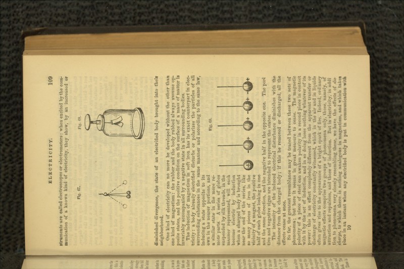 Btruments are called electroscopes or electrometers: when excited by the com- munication of a known kind of electricity, they show, by an increased or Fig. 67. Fig. 68. diminished divergence, the state of an electrified body brought into theit neighborhood. One kind of electricity can no more be developed without the other than one kind of magnetism: the rubber and the body rubbed always a'ssume op- posite states, and the positive condition on the surface of a mass of matter is invariably accompanied by a negative state in all surrounding bodies. The induction of magnetism in soft iron has its exact counterpart in elec- tricity : a body already electrified disturbs or polarizes the particles of all surrounding substances in the same manner and according to the same law, inducing a state opposite to its own in the nearer portions, and F} 69 a similar state in the more re- mote parts. A series of globes suspended by silk threads, in the nmmier represented, will each become electric by induction when a charged body is brought near the end of the series, like so many pieces of iron in the vicinity of a magnet, the positive half of each globe looking in one and the same direction, and the negative half in the opposite one. The poj4 live and negative signs are intended to represent the states. The intensity of the induced electrical disturbance diminishes with the distance from the charged body; if this be removed or discharged, all the effects cease at once. So far, the greatest resemblance may be traced between these two sets of phenomena; but here it seems in great measure to cease. The magnetic polarity of a piece of steel can awaken polarity in a second piece in contact with it by the act of induction, and in so doing loses nothing whatever of its power: this is an effect completely different from the apparent transfer or •irge of electricity constantly witnessed, which in the air and in liquids often gives rise to the appearance of a bright spark of fire. Indeed, ordinary tic effects comprise two gi-oups of phenomena only, those, namely, of attraction and repulsion, and those of induction. But in electricity, in addi tion to phenomena very closely resembling these, we have the effects of dis- charge, to which there is nothing analogous in magnetism, and which takes place in an instant when any electrified body is put in communication with