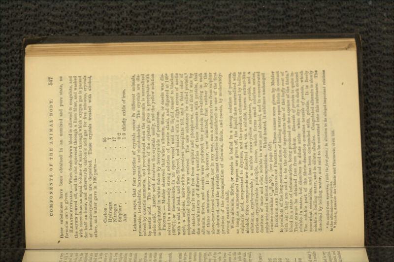 these substances have been obtained in an unmixed and par* Mate, M formulae can be given. II.KMAT.xm 11 ALMS.—When fresh-drawn blood is allowed to eoajrulat*. and the M-nini poured off, and the clot s.ju. . ..inr. ^nj v^tfc+4 witli more than an equal volume of water il. for half an hour, an<l afterwards carbonic acid gas for five minute*, eryvtale of liiematoorvstallin arc deposited. These crystals treated with assohaL ether, and water gave iu 100 parts — . Carbon 65 Hydrogen 7 Nitrogen 17 Sulphur Ash 1 3 chiefly oxide ofinm. Lehmann says, that four varieties of crystals occur hi different animal*. prl-matic, tetrahedric, hexagonal, and rhombohedric. The crystals art dis- solved by caustic ammonia, and precipitated when the amni i iflisd by acetic acid. The watery solution of the crystals jh nitric acid. Acetic acid d crystals easily, and the yellow •olutioo is precipitated in white flukes by ferrocyanide of pota.*- PROTEIN. — Mulder observed that when albumin, fibrin, or casein was dis- solved in a moderately strong solution of caustic alkali, and digested at 140* (fiO°C), or thereabouts, in an open vessel until the liquid crawl to blacken with a salt of lead, and then filtered, and mix.-1 with n -! -hi excels of acetic acid, a copious, snow-white flocculcnt precipitate foil, and a faint odor ef sulphuretted hydrogen was evolved. The new substance he called protein.1 He stated, that it was free from sulphur and phosphorus, and that It was by the combination of different quantities of these elements with t albumin, fibrin, and casein were produced, the protein pr- of these substances. It is, however, now admitted, that neither by the above-mentioned treatment, nor in any way, can a substance free (TOSS valphor be obtained, and the protein must therefore be considered as one of the irst products of the decomposition of albumin, fibrin, u»d casein, by strong caustic alkali. When albumin, fibrin, or casein is boiled in a strong solution of | a- long as animoniacal vapors are given off, the liquid then neutralised will) sulphuric acid, evaporated to dry ness, and the product exhausted by boiling alcohol, three compounds are dissolved uut. vix. a soluble, brown extraO-1H »ub-tance. tri/tkroprotide; a soluble straw-yellow Mibstance, prottdt, and a curious crystallizable principle, leucine, which fo destitute of taste and odor, soluble in water and alcohol, and in sulphuric acid without deco.ni'O-ition. \\ln-n heated, it Leucine contains <',2H,sNo4. -(>l' ?*£* M9). UiNnxii'K AM) TKKOXIMK t.i l'Ki i \s.—These names were give* by to products of the long-continued action of boiling water upon tbrin in with air; th«-v are said to be the chief ingretiients also of (fee **/y •»• blood in a state of inflammation, being produced at the expanse ef la* ft< • t bo obtained free from -ulphur. BuKKtJt »/f •**• *Mg* le in water, but dissolves in dilute acids wken [able part «.f the fibrin-decoction contains terstisV somewhat i md has been confounded with. soluble in boiling water, and in di'u'- alkalies. CongnUtrd \ e-1 by boiling water, and said to be oonTerled into this * So called from r/>«rrf«, Ilatct ibfintplae*; to »!lu«te« •» Ms i te the *lliuiiiiiiii- principles, * >iu,i r, A,,,,.,,,, drr Cbimb und I'twrawck, xlvtt. Wl