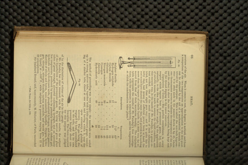 Fig. 43. perature of the air. When it comes to rest, the degree is noticed, and from a comparison of the two temperatures an approximation to the dew-pomt can be obtained by the aid of a mathematical formula con- trived for the purpose. This is called the wet-bulb hygrom- eter : it is often made in the manner shown in fig. 43. where one thermometer serves to indicate the temperature of the air, and the other to show the rate of evaporation, being kept wet by the thread dipping in the water reservoir. Liquefaction of Gases. — The perfect resemblance in every respect which vapors bear to permanent gases, led, very naturally, to the idea that the latter might, by the application of suitable means, be made to assume the liquid condition, and this surmise Avas, in the hands of Mr. Faraday, to a great ex- tent verified. Out of the small number of such substances tried, not less than eight gave way; and it is quite fair to infer that, had means of sufficient power been at hand, the rest would have shared the same fate, and proved to be nothing more than the vapors of volatile liquids in a state very far re- moved from that of their maximum density. The subjoined table represents the results of Mr. Faraday's first investiga- tions, with the pressure in atmospheres, and the temperatures at which the condensation takes place.* Sulphur dioxide Hydrogen sulphide Carbon dioxide Chlorine Nitrogen monoxide Cyanogen . Ammonia Hydrochloric acid Atmospheres. 2 . 17 . 36 . 4 . 50 . 3-6 6-5 . , 40 , Temperatures. C. f. 7-2° 45° 10 0 15-5 7-2 7-2 10 10 50 32 60 45 45 50 50 The method of proceeding was very simple: the materials wrere sealed up in a strong, narrow tube, together with a little pressure-gauge, consist- ing of a slender tube, closed at one end, and having within it, near the open extremity, a globule of Fi9- 4*' mercury. The gas being dis- engaged by heat, accumulated in the tube, and by its own pressure brought about con- densation. The force required for this purpose was judged of by the diminution of volume of the air in the gauge. Mr. Faraday has since resumed, with the happiest results, the subject of the liquefaction of the permanent gases. By using narrow green glass tubes of great strength, powerful condensing syringes, and an extremely low temperature, produced by means to be presently described, olefiant gas, hydriodic and hydrobromic acids, phosphoretted hydrogen, and the gaseous fluorides of silicon and boron, were successively liquefied. Oxygen, hydro- gen, nitrogen, nitrogen dioxide, carbon monoxide, and marsh gas, refused to liquefy at —166° F., while subjected to pressures varying from 27 to 58 atmospheres. Sir Isambard Brunei, and, more recently, M. Thilorier, of Paris, succeeded * Phil. Trans, for 1823, p. 189.