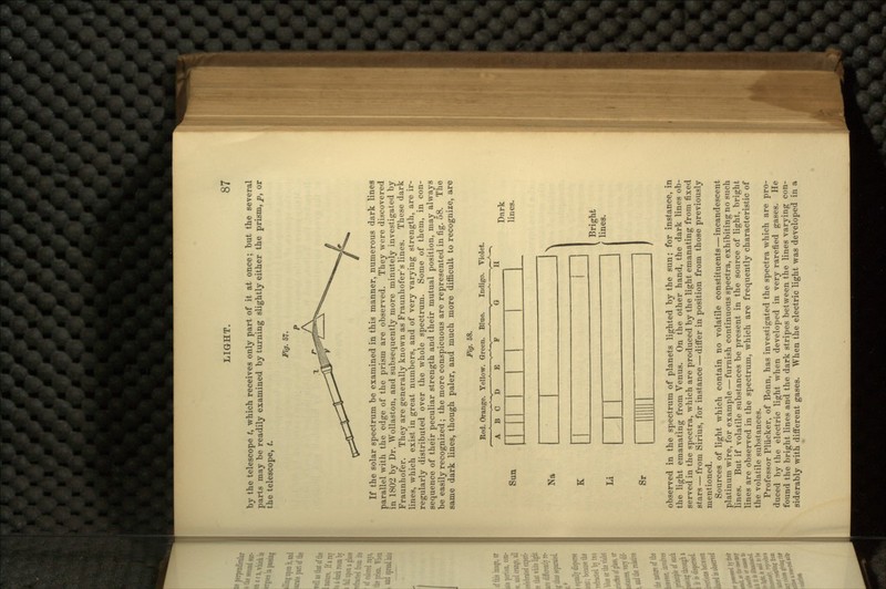 by the telescope <, which receives only part of it at once; but the several parts may be readily examined by turning slightly either the prism, p, or the telescope, t. Fig. 57. If the solar spectrum be examined in this manner, numerous dark lines parallel with the edge of the prism are observed. They were discovered in 1802 by Dr. Wollaston, and subsequently more minutely investigated by Fraunhofer. They are generally known as Fraunhofer's lines. These dark lines, which exist in great numbers, and of very varying strength, are ir- regularly distributed over the whole spectrum. Some of them, in con- sequence of their peculiar strength and their mutual position, may always be easily recognized; the more conspicuous are represented in fig. 58. The same dark lines, though paler, and much more difficult to recognize, are Fig. 58. Red. Orange. Yellow. Green. Blue. Indigo. Violet. A B C D E F G ~^H Sun Dark lines. Na K Li Sr Bright lines. observed in the spectrum of planets lighted by the sun; for instance, in the light emanating from Venus. On the other hand, the dark lines ob- served in the spectra, which are produced by the light emanating from fixed stars — from Sirius, for instance — differ in position from those previously mentioned. Sources of light which contain no volatile constituents — incandescent platinum wire, for example — furnish continuous spectra, exhibiting no such lines. But if volatile substances be present in the source of light, bright lines are observed in the spectrum, which are frequently characteristic of the volatile substances. Professor Pliicker, of Bonn, has investigated the spectra which are pro- duced by the electric light when developed in very rarefied gases. He found the bright lines and the dark stripes between the lines varying con- siderably with different gases. When the electric light was developed in a