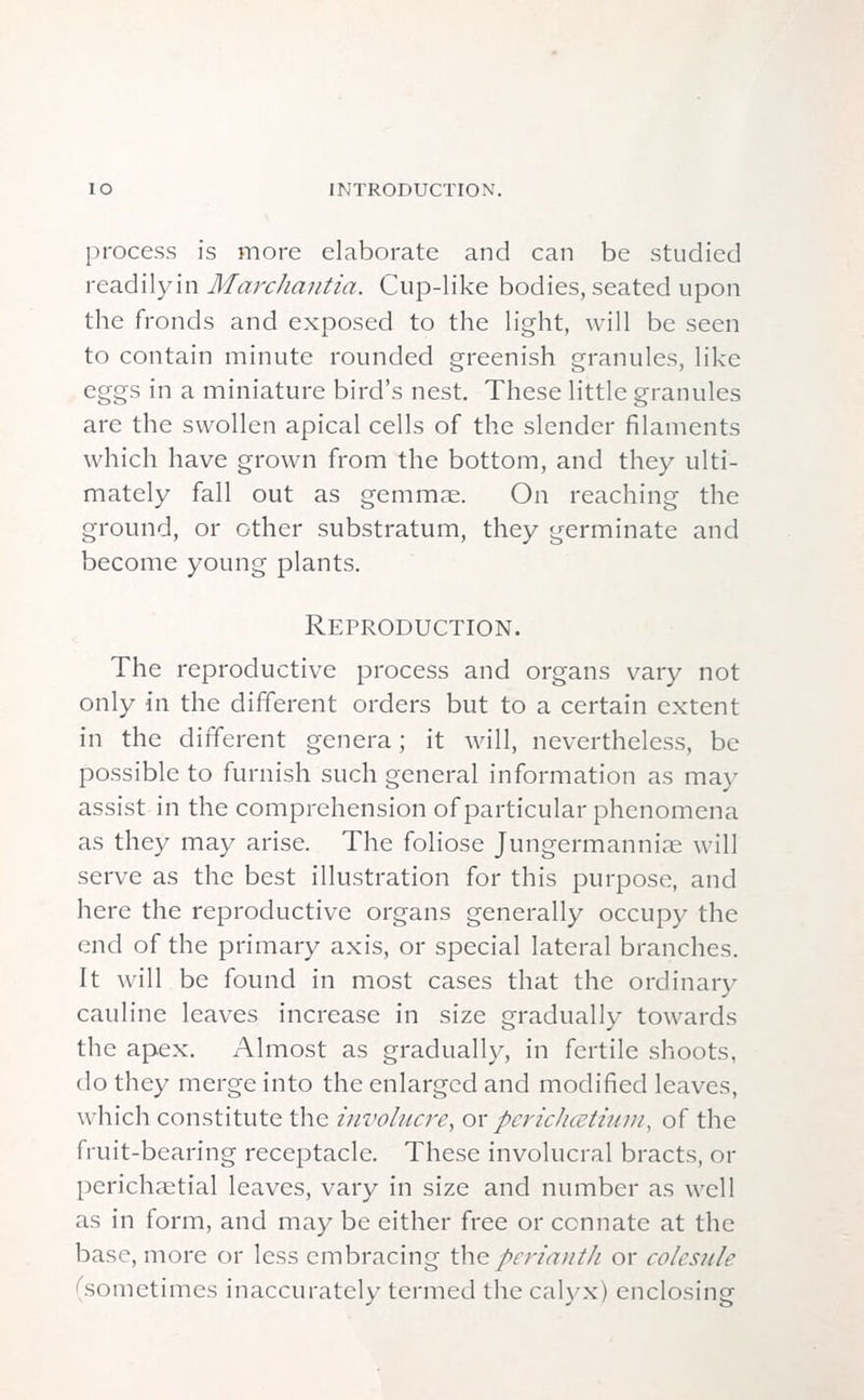 process is more elaborate and can be studied readily in MarcJiantia. Cup-like bodies, seated upon the fronds and exposed to the light, will be seen to contain minute rounded greenish granules, like eggs in a miniature bird's nest. These little granules are the swollen apical cells of the slender filaments which have grown from the bottom, and they ulti- mately fall out as gemmae. On reaching the ground, or other substratum, they germinate and become young plants. Reproduction. The reproductive process and organs vary not only in the different orders but to a certain extent in the different genera; it will, nevertheless, be possible to furnish such general information as may assist in the comprehension of particular phenomena as they may arise. The foliose Jungermanniae will serve as the best illustration for this purpose, and here the reproductive organs generally occupy the end of the primary axis, or special lateral branches. It will be found in most cases that the ordinary cauline leaves increase in size gradually towards the apex. Almost as gradually, in fertile shoots, do they merge into the enlarged and modified leaves, which constitute the involucre, or pcricJuctium, of the fruit-bearing receptacle. These involucral bracts, or perichaetial leaves, vary in size and number as well as in form, and may be either free or connate at the base, more or less embracing the perianth or colesule ''sometimes inaccurately termed the calyx) enclosing