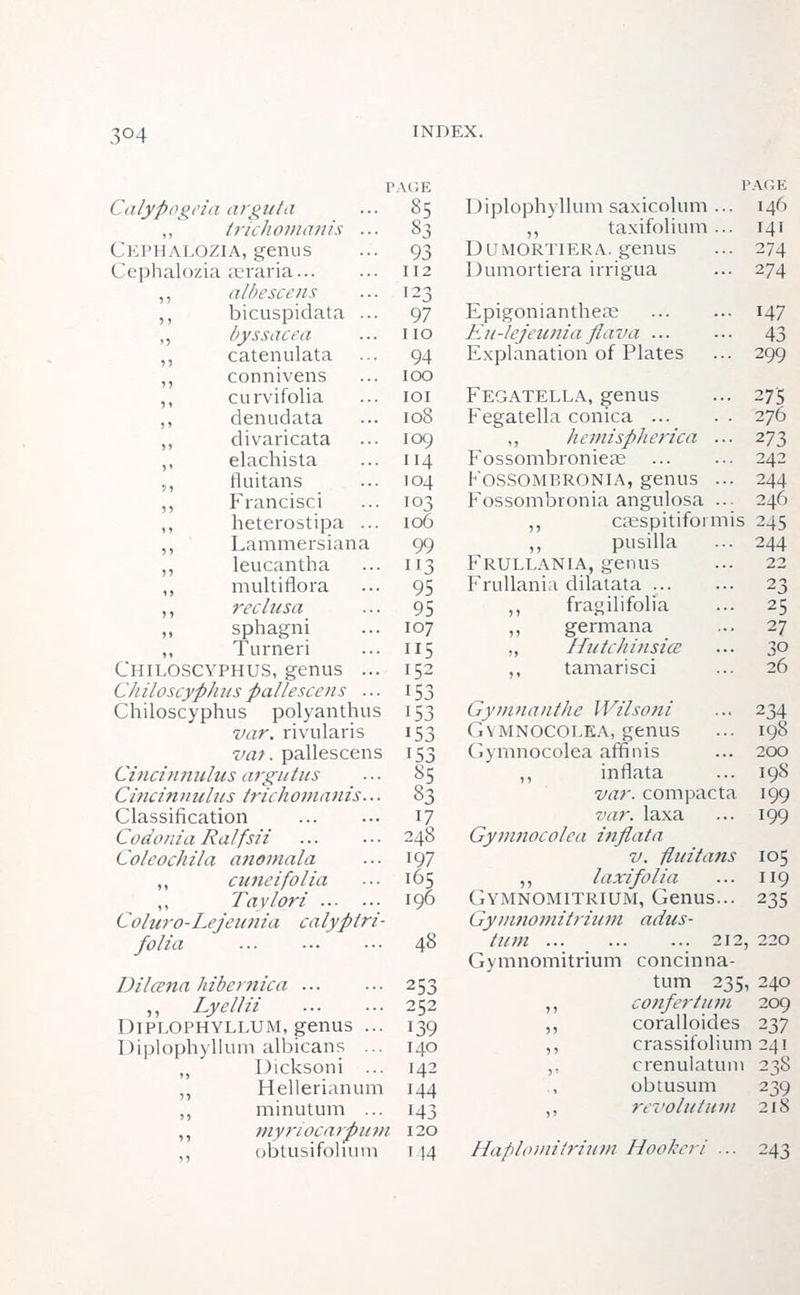 3°4 Calypogeia arguta „ trichomanis Cephalozia, genus Cephalozia seraria... albescens >> >> v bicuspidata ... by ssace a catenulata connivens curvifolia denudata divaricata elachista fluitans ,, Francisci ,, heterostipa ... ,, Lammersiana ,, leucantha ,, multiflora ,, reel it sa sphagni ,, Turneri Chiloscyphus, genus ... Chiloscyphuspallescens ■. ■ Chiloscyphus polyanthus var. rivularis vat. pallescens Cincinnulus argutus Cincinnulus trichomanis... Classification Codonia Ralfsii Coleochila anomala ,, cimeifolia ,, Taylori Coluro-Lejeunia calyptri- folia Dilcena hibemica ,, Lyellii Diplophyllum, genus ... Diplophyllum albicans ... Dicksoni ... Hellerianum minutum ... myriocarpum obtusifohum INDEX. AGE PAGE 85 Diplophyllum saxicolum ... 146 83 ,, taxifolium ... 141 93 Dumortiera. genus 274 112 Dumortiera irrigua 274 123 97 Epigonianthere 147 HO Eu-lejeuniaflava ... 43 94 Explanation of Plates 299 100 IOI Fegatella, genus 275 108 Fegatella conica 276 109 ,, Jiemispherica ... 273 114 Fossombroniere 242 104 KOSSOMBRONIA, genus ... 244 103 Fossombronia angulosa ... 246 106 ,, caespitiformis 245 99 ,, pusilla 244 113 FRULLANIA, genus 22 95 Frullania dilatata 23 95 ,, fra«ilifolia 25 107 ,, germana 27 115 ,, Hutchinsice 30 152 ,, tamarisci 26 J53 153 Gymnanthe Wilsoni 234 153 Gvmnocolea, genus 198 T53 Gymnocolea affinis 200 85 ,, inflata 198 83 var. compacta 199 17 var. laxa 199 248 Gymnocolea inflata 197 v. fluitans 105 165 ,, laxifolia 119 196 Gymnomitrium, Genus... 235 48 253 252 139 140 142 144 143 120 1 14 Gymnomitrium adiis- tum 212, 220 Gymnomitrium concinna- tum 235, 240 confertum 209 coralloides 237 crassifolium 241 crenulatum 238 obtusum 239 ,, revoliitum 218 Haplomitrium Hookeri ... 243