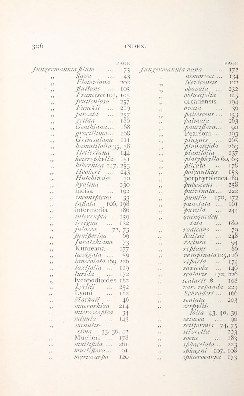 PAG] Jungermamtiafilum ... 75 flava ... 43 ,, Flotoviana 202 ,, flu itans ... 105 ,, Francisci\o% 105 ,, fruiiculosa 257 ,, Funckii ... 219 ,, furcata ... 257 ,, gelida ... 186 ,, Genthiana... 168 ,, gracillima... 168 ,, Grimsulana 111 ,, liamatifolia^ 3§ ,, Helleriana 144 ,, heterophylla 151 hibernica 247. 253 ,, Hookcri ... 243 ,, HutchinsicE 30 ,, hyalina ... 230 ,, incisa ... 192 ,, inconspicua 33 in flat a 106, 198 intermedia 186 ,, interrupia... 159 ,, irrigua ... 132 julacea 72, 73 ,, juniperina... 69 ,, Juratzkiana ~2> „ Kunzeana... 177 ,, Icevigata ... 59 ,. lanceolata 169, 226 ., I a xifolia ... 119 ,, lurida ... 172 ,, lycopodioides 182 Lye I Hi ... 252 „ Lyoni ... 182 Mackaii ... 46 ,, macrorkiza 214 microscopica 34 miiui fa ... 143 ,, in in nt is- sima 33, 36, 42 ,, Muelleri ... 178 ,, multifida ... 261 muttiflora... 91 myriocarpa 120 PAGE Jungermannia nana ... 172 ,, nemorosa ... 134 „ Nevicensis 122 ., obovata ... 232 ,, obtitsifolia 145 .. orcadensis 194 tfz'rt/e* ... 39 ,, pallcscens ... 153 >s palmata ... 263 ,, pane iflora... 90 ,, Pearsoni ... 193 ., pinguis ... 265 ., pinnatifida 263 ,, pianifolia ... 137 ,, platyphylla 60. 63 ,, plica ta ... 178 ,, polyanthus 153 ,, porphyroleucaiScj ,, pubescens ... 258 ,, pulvinala... 222 ,, puniila 170, 172 punctata ... 161 pusilla ... 244 ,, quinqueden- tata ... 180 ,, radican s ... 79 ,, Raljsii ... 248 .. reclusa ... 94 ,, reptaus ... 86 ,, resupinalai2$,126 ., riparia ... 174 ,, saxicola ... 146 ,, seal oris 172, 226 scalar is 13 108 7'r-?r. repanda 223 6V// racieri... 166 scuta ta ... 203 ,, serpylli- folia 43, 40, 39 setacca ... 90 ,, setiformis 74, 75 silvrctto? ... 223 ,, .sw/</ ... 183 sphacelata ■■ 223 sphagni 107, 108 ,. splieeroearpa 173