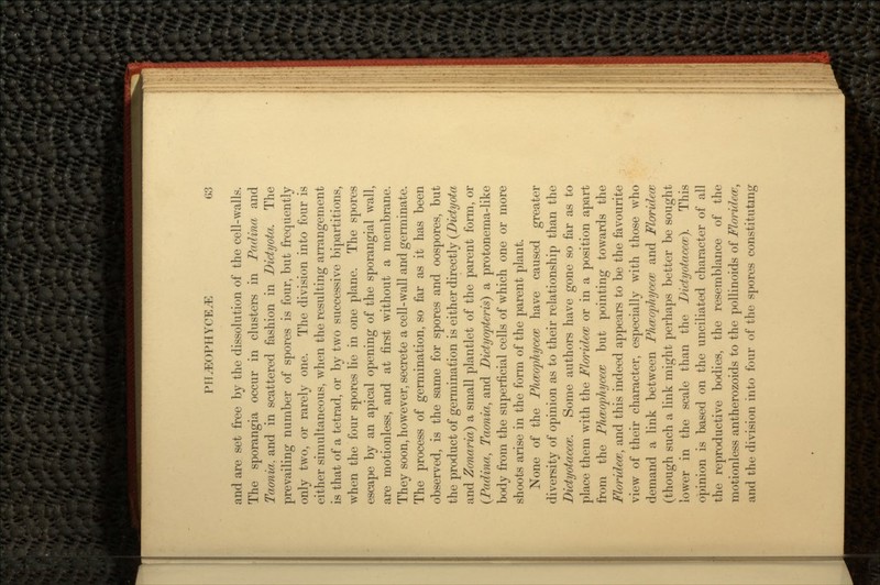 and are set free by the dissolution of the cell-walls. The sporangia occur in clusters in Padina and Taonia. and in scattered fashion in Didyota. The prevailing number of spores is four, but frequently only two, or rarely one. The division into four is either simultaneous, when the resulting arrangement is that of a tetrad, or by two successive bipartitions, when the four spores lie in one plane. The spores escape by an apical opening of the sporangial wall, are motionless, and at first without a membrane. They soon, however, secrete a cell-wall and germinate. The process of germination, so far as it has been observed, is the same for spores and oospores, but the product of germination is either directly (Didyota and Zonaria) a small plantlet of the parent form, or (Padina, Taonia, and Didyopteris) a protonema-like body from the superficial cells of which one or more shoots arise in the form of the parent plant. None of the PhceopTiycece have caused greater diversity of opinion as to their relationship than the Didyotacece. Some authors have gone so far as to place them with the Floridece or in a position apart from the Phceophycece but pointing towards the Floridece, and this indeed appears to be the favourite view of their character, especially with those who demand a link between Phceopkycece and Floridece (though such a link might perhaps better be sought lower in the scale than the Didyotacece}. This opinion is based on the unciliated character of all the reproductive bodies, the resemblance of the motionless antherozoids to the pollinoids of Floridece, and the division into four of the spores constituting