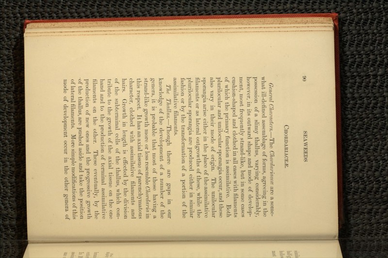 CHORDARIACE.E. General Characters.—The Chordariacece are a some- what ill-defined assemblage of forms, agreeing in the possession of a slimy thallus, varying considerably, however, in its outward shape and mode of develop- ment, most frequently strand-like, but in some cases cushion-shaped and clothed in all cases with filaments of which the primary function is assimilative. Both plurilocular and unilocular sporangia occur, and these also vary in their mode of origin. The unilocular sporangia arise either in the place of the assimilative filaments or as lateral outgrowths of these, while the plurilocular sporangia are produced either in similar fashion or by the transformation of a portion of the assimilative filaments. The Thallus.—Though there are gaps in our knowledge of the development of a number of the genera, it is probable that most of those having a strand-like growth more or less resemble Chordaria in this respect. It has an axial tissue of parenchymatous character, clothed with assimilative filaments and hairs. Growth in length is effected by the division of the subterminal cells of the thallus, which con- tribute to the growth of the axial tissue on the one hand and to the production of terminal assimilative filaments on the other. These eventually, by the production of new ones and the progressive growth •of the thallus, are pushed aside and take the position of lateral filaments. More simple modifications of this mode of development occur in the other genera of