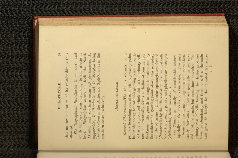 that no sure indication of its relationship is thus afforded. The Geographical Distribution is in north and south temperate seas, extending to the Arctic at least. Dictyosiphon occurs in both the North Atlantic and southern ocean (D. fceniculaceus, D. hippuroides, D. Chwdaria, and D. Mesoglcea being British), Gdbia in the Baltic, and Scytothamnus in the southern ocean exclusively. DESMARESTIACE.E General Characters.—The thallus consists of a primary branching row of cells with a growing point below the apex; beneath this growing point a mantle of tissue is produced which clothes the primary cell- row and eventually forms a thallus of considerable thickness. Its growth in length is maintained by the subterminal growing point above this secondary mantle of tissue. Unilocular sporangia are formed (Desmarestia) by the differentiation of superficial cells below the growing point; and plurilocular sporangia (Arthrodadia) from rows of cells. The Thallus is usually of considerable stature, especially in the species of Desmarestia. Two sorts of branches are formed—long ones, and, more abun- dantly, short ones. They are generally in two rows and mostly alternate, but sometimes opposite. The primary row of cells forming the thallus produces branches abundantly, and these as well as the main axis grow in length by the repeated transverse H 2