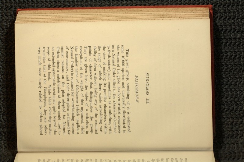 SUB-CLASS III DIATOM ACE^E THIS great group, consisting of, it is estimated, some 10,000 species, and universally distributed in the waters of the globe, has been treated sometimes as a Natural Order allied to the Desmidiece (confined to fresh-waters), and sometimes as a sub-class, with the view of marking its peculiar characters, within the range of which there exists astonishing vari- ability of form without losing any of the essential points of character that distinguishes the group. They are given here the value of a sub-class, in recognition of the weight of this argument, while the familiar name of Diatomacece (which implies a Natural Order) is retained for overwhelming reasons of convenience; and their description is framed for similar reasons on the plan adopted for Natural Orders, since a subdivision of them would lead to an extended systematic treatment quite beyond the scope of this book. While their colouring-matter resembles that of the Phceophycccc, they are other- wise much more nearly related to orders placed