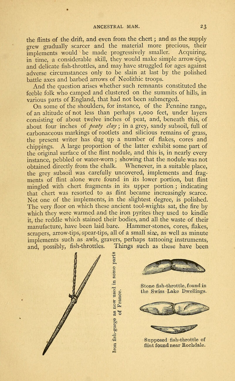 the flints of the drift, and even from the chert; and as the supply grew gradually scarcer and the material more precious, their implements would be made progressively smaller. Acquiring, in time, a considerable skill, they would make simple arrow-tips, and delicate fish-throttles, and may have struggled for ages against adverse circumstances only to be slain at last by the polished battle axes and barbed arrows of Neolithic troops. And the question arises whether such remnants constituted the feeble folk who camped and clustered on the summits of hills, in various parts of England, that had not been submerged. On some of the shoulders, for instance, of the Pennine range, of an altitude of not less than perhaps 1,000 feet, under layers consisting of about twelve inches of peat, and, beneath this, of about four inches of peaty clay; in a grey, sandy subsoil, full of carbonaceous markings of rootlets and silicious remains of grass, the present writer has dug up a number of flakes, cores and chippings. A large proportion of the latter exhibit some part of the original surface of the flint nodule, and this is, in nearly every instance, pebbled or water-worn ; showing that the nodule was not obtained directly from the chalk. Whenever, in a suitable place, the grey subsoil was carefully uncovered, implements and frag- ments of flint alone were found in its lower portion, but flint mingled with chert fragments in its upper portion ; indicating that chert was resorted to as flint became increasingly scarce. Not one of the implements, in the slightest degree, is polished. The very floor on which these ancient tool-wrights sat, the fire by which they were warmed and the iron pyrites they used to kindle it, the reddle which stained their bodies, and all the waste of their manufacture, have been laid bare. Hammer-stones, cores, flakes, scrapers, arrow-tips, spear-tips, all of a small size, as well as minute implements such as awls, gravers, perhaps tattooing instruments, and, possibly, fish-throttles. Things such as these have been Stone fish-throttle, found in the Swiss Lake Dwellings. cS O bo Supposed fish-throttle of flint found near Rochdale.
